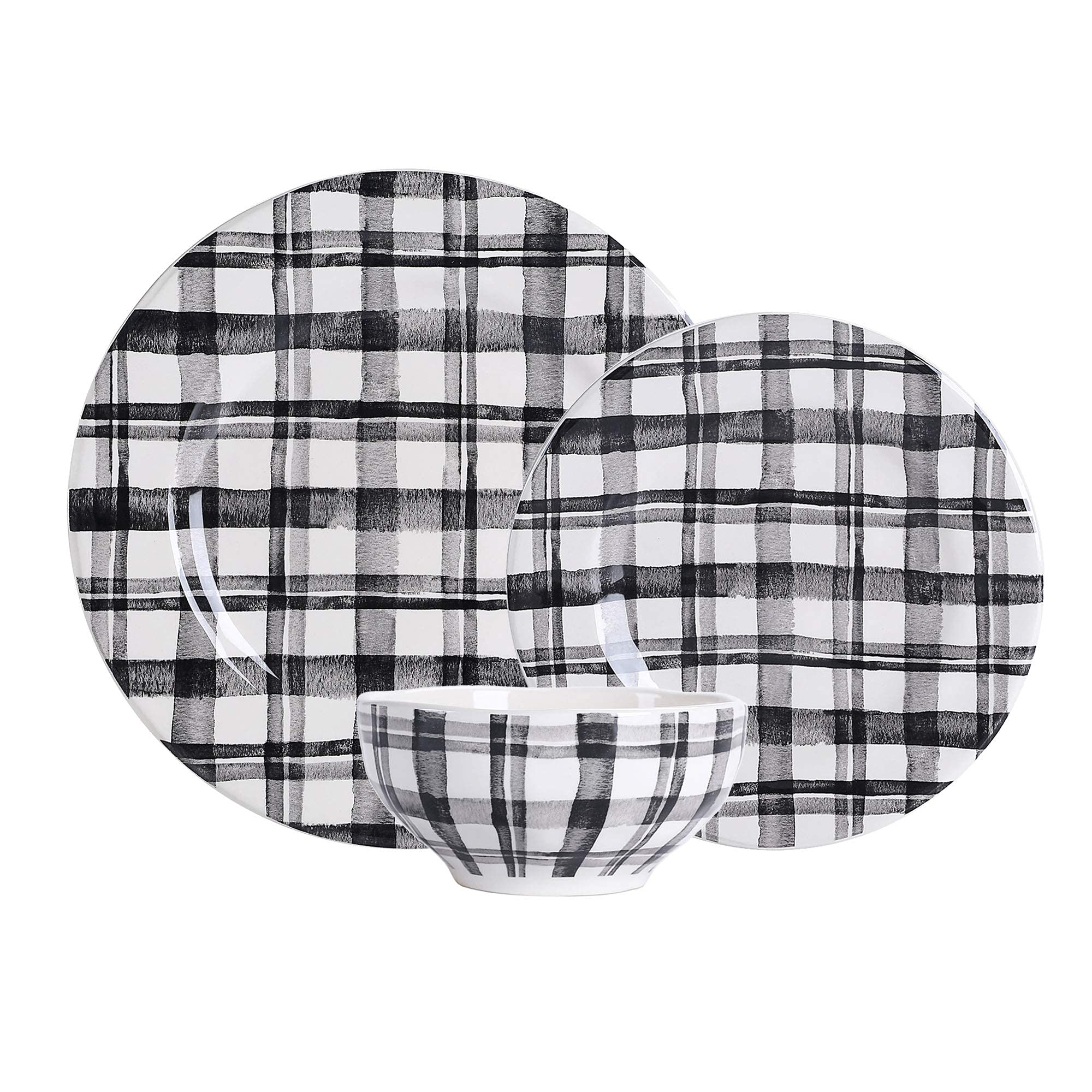 Bico Black and White Plaid Ceramic Dinnerware Set - 12 Piece Service for 4, Includes 11