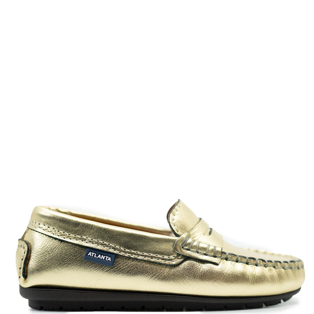 Stylish Atlanta Moccasin Metallic Gold Penny Loafers for Men & Women - Comfortable Slip-On Dress Shoes for Office, Wedding & Casual Wear