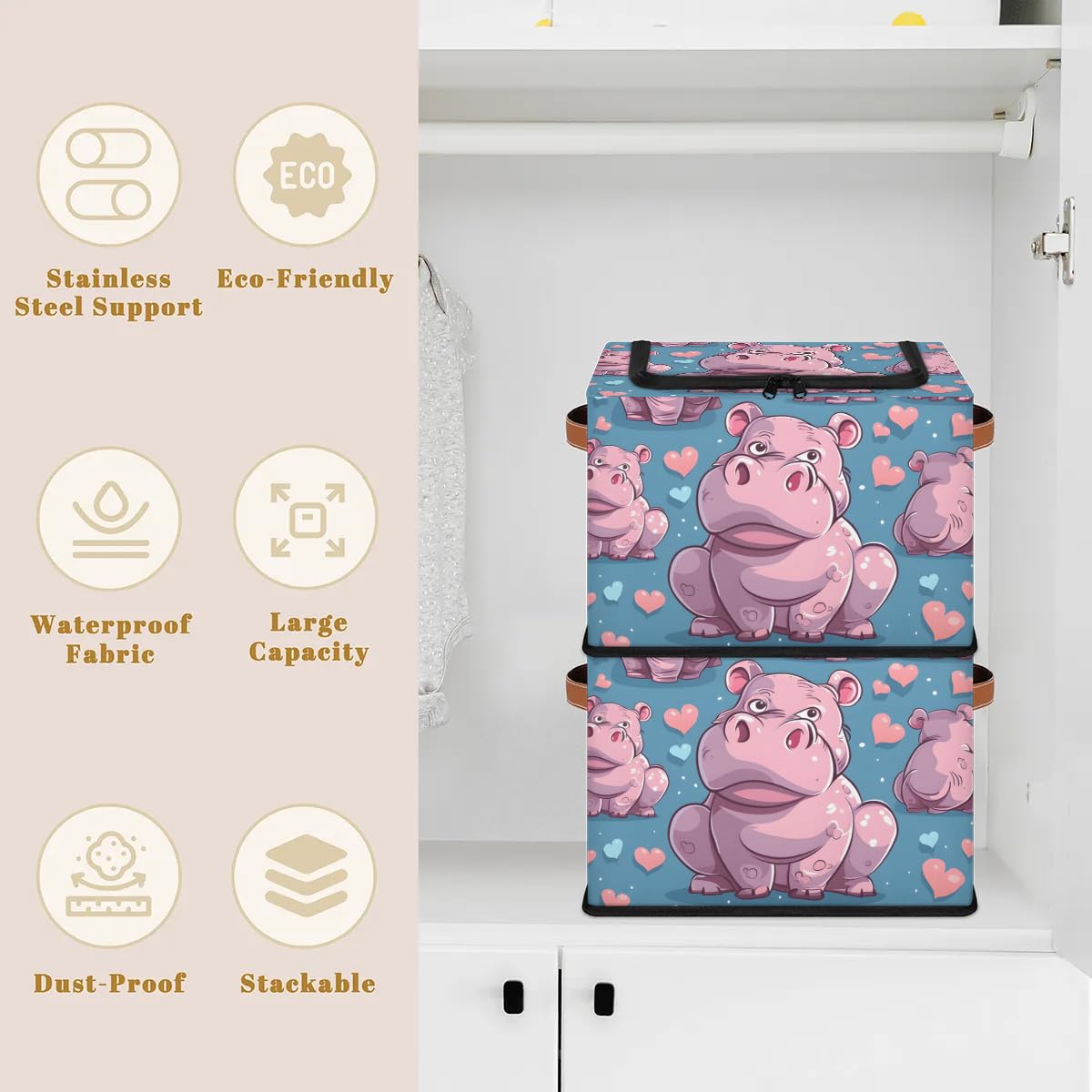 Pink Heart Hippo Storage Bins with Zipper Lid - 2 Pack Stackable Closet Organizer Baskets with Metal Frame & PU Handles - Perfect for Clothes, Toys, and Home Organization