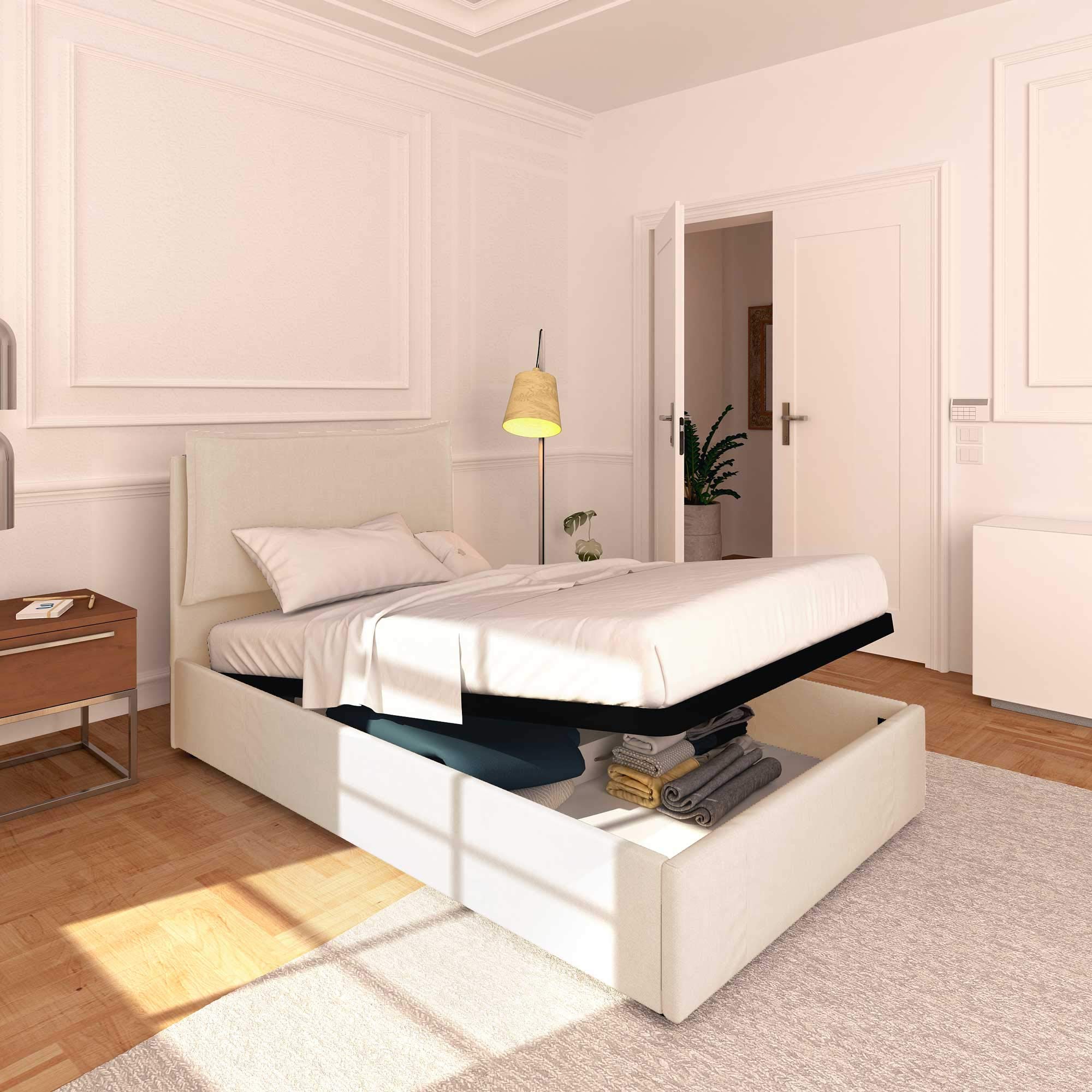 Baldiflex Queen and Twin Size Storage Bed, Licia Model, Faux Leather Upholstery, Slatted Base, Fits 120 x 200 cm Mattress, Elegantly Padded Headboard, White - Perfect for Modern Bedrooms, Guest Rooms & Small Spaces