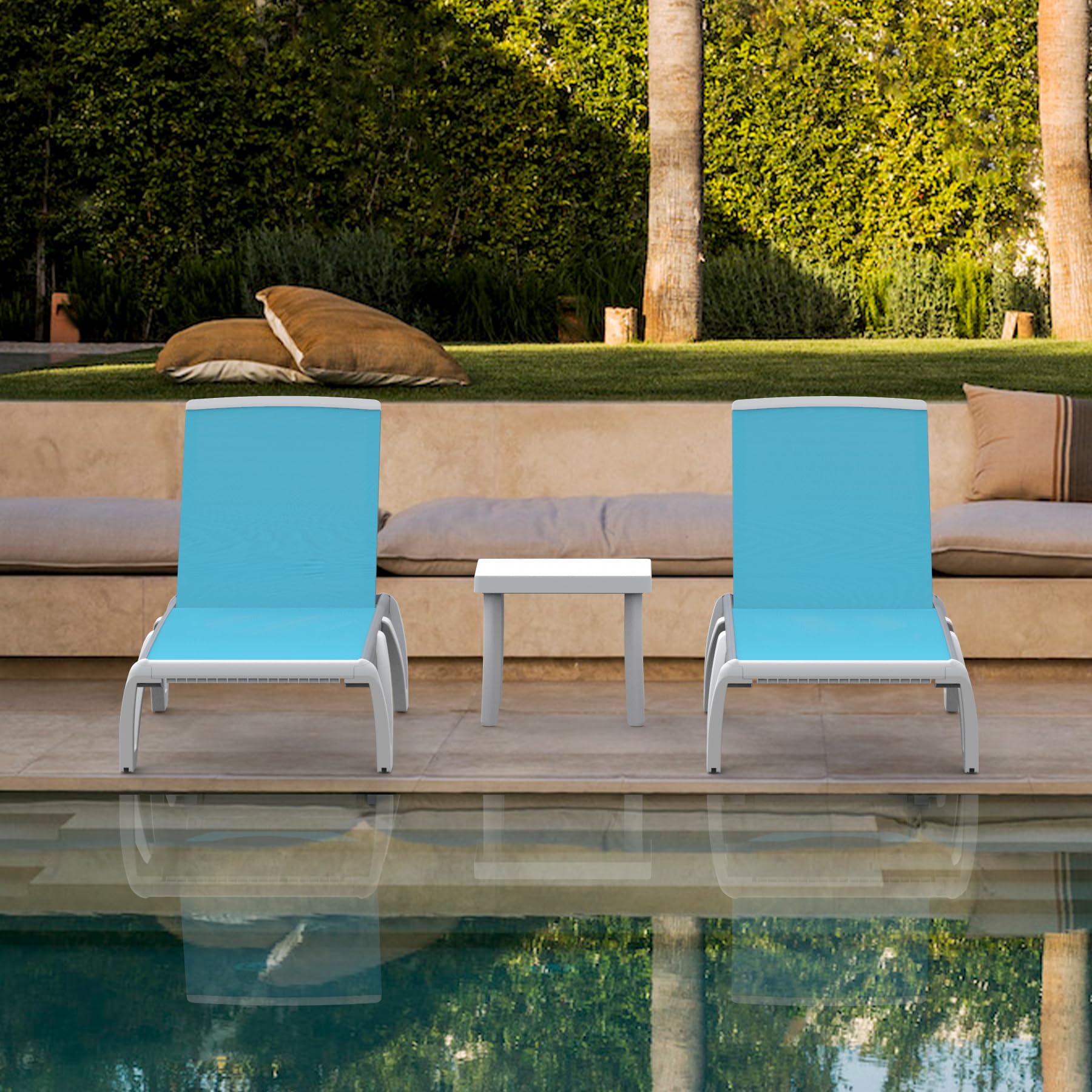 Domi Outdoor Chaise Lounge - Lightweight Aluminum Adjustable Patio Chair with Side Table, Waterproof Plastic Pool Lounge for Backyard, Beach & Poolside Relaxation (Set of 2 Aqua Blue Lounges)