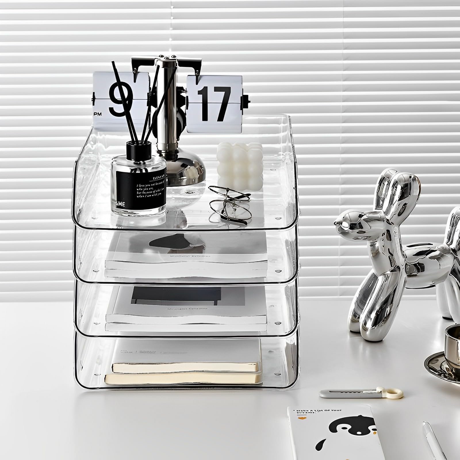 4 Pack Clear Stackable Paper Tray Organizer for Desk - Office Desk Organizer for Notes, Pens, Files & Documents - A4 Paper Holder for Home & Office Workspace Organization