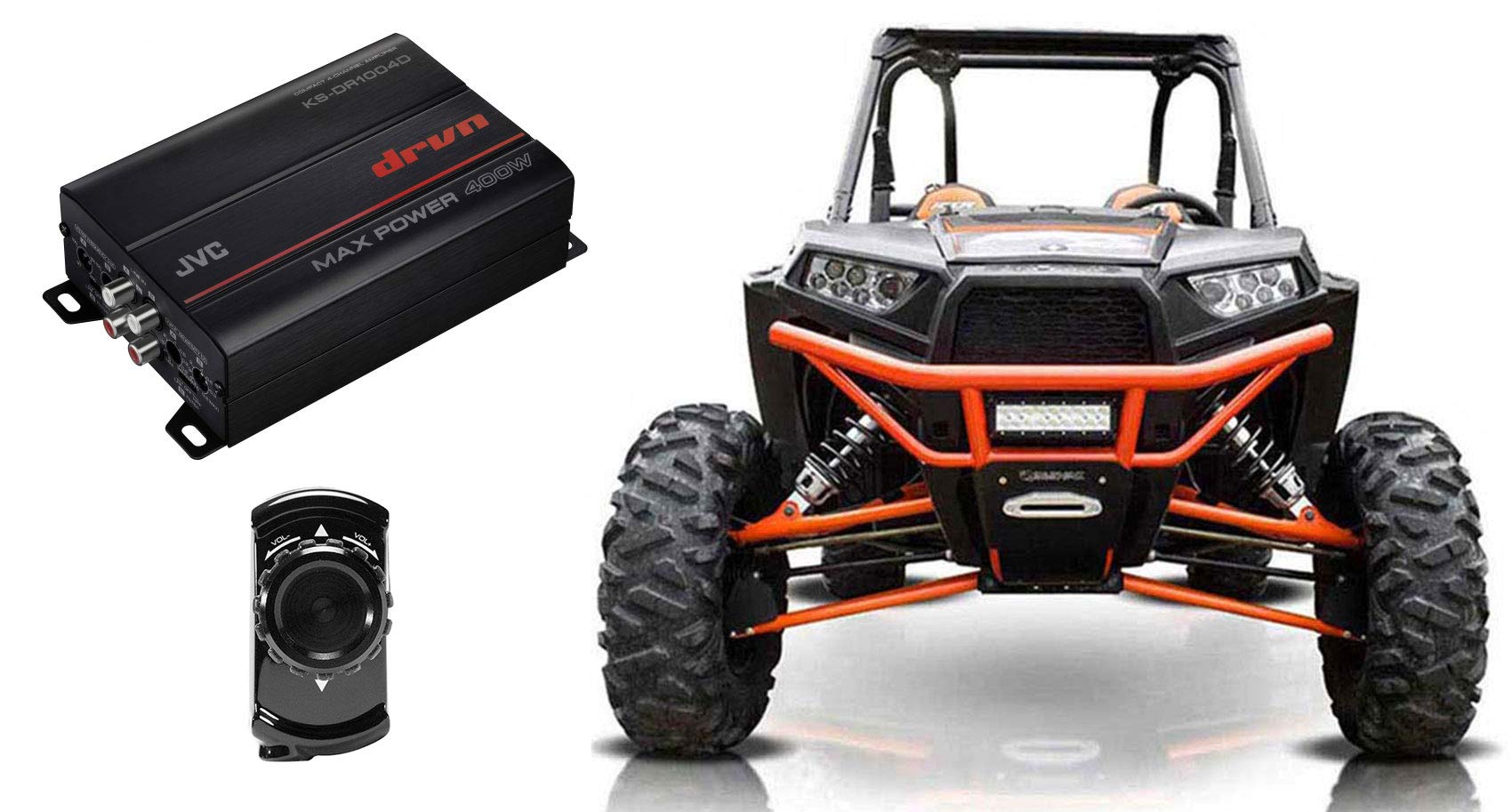 JVC KS-DR1004D 400W 4-Channel Marine Amplifier with MB Quart N2-WBT Bluetooth Controller - Waterproof Audio System for Boats, ATVs, UTVs & Off-Road Vehicles - Perfect for Polaris RZR, Can-Am, Yamaha & More - Enjoy High-Power Sound on Water & Trail Adventures