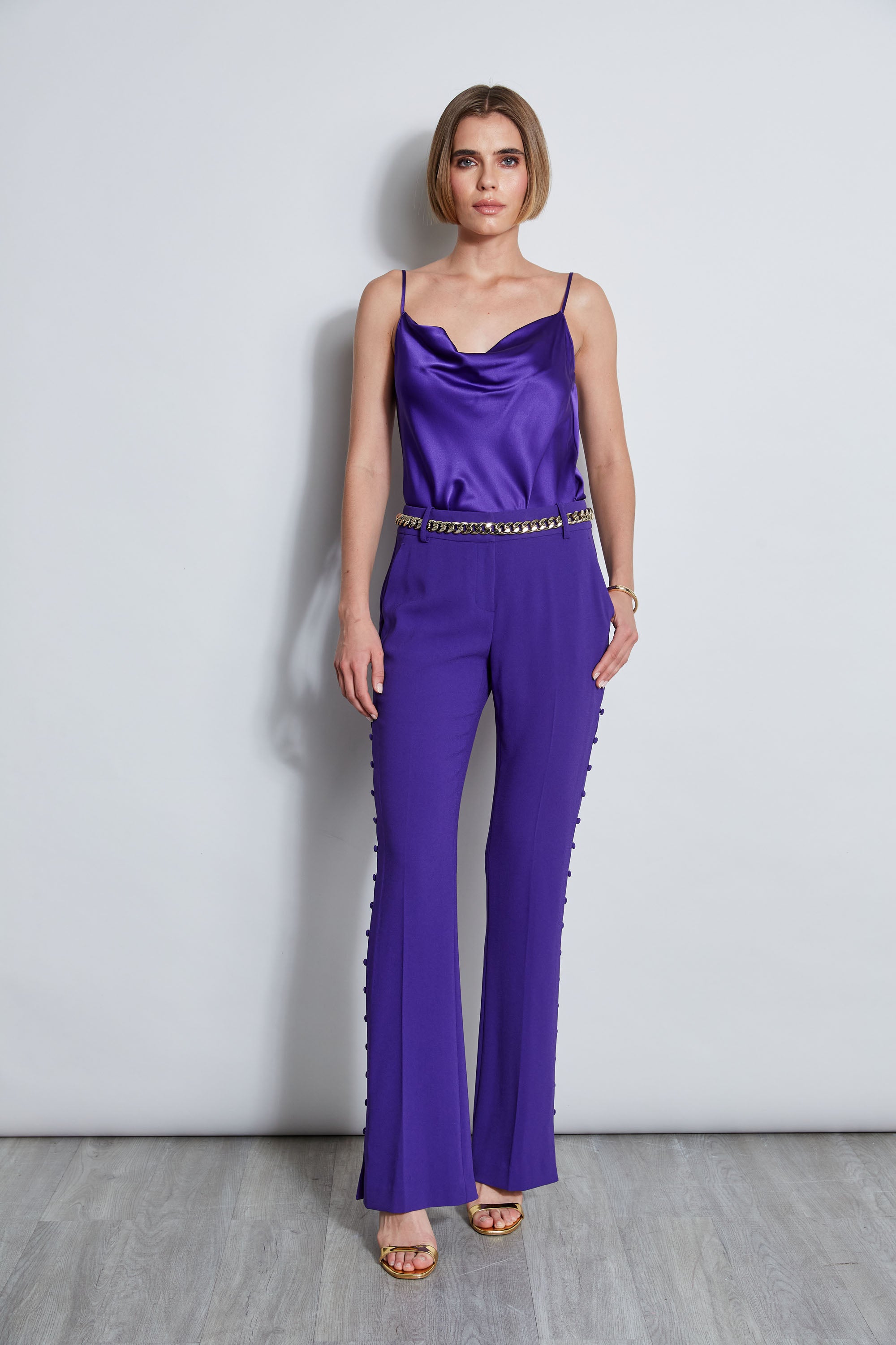 Stylish Side Button Crepe Pants for Women - Comfortable & Flowy High Waist Trousers - Perfect for Office, Casual Wear & Travel