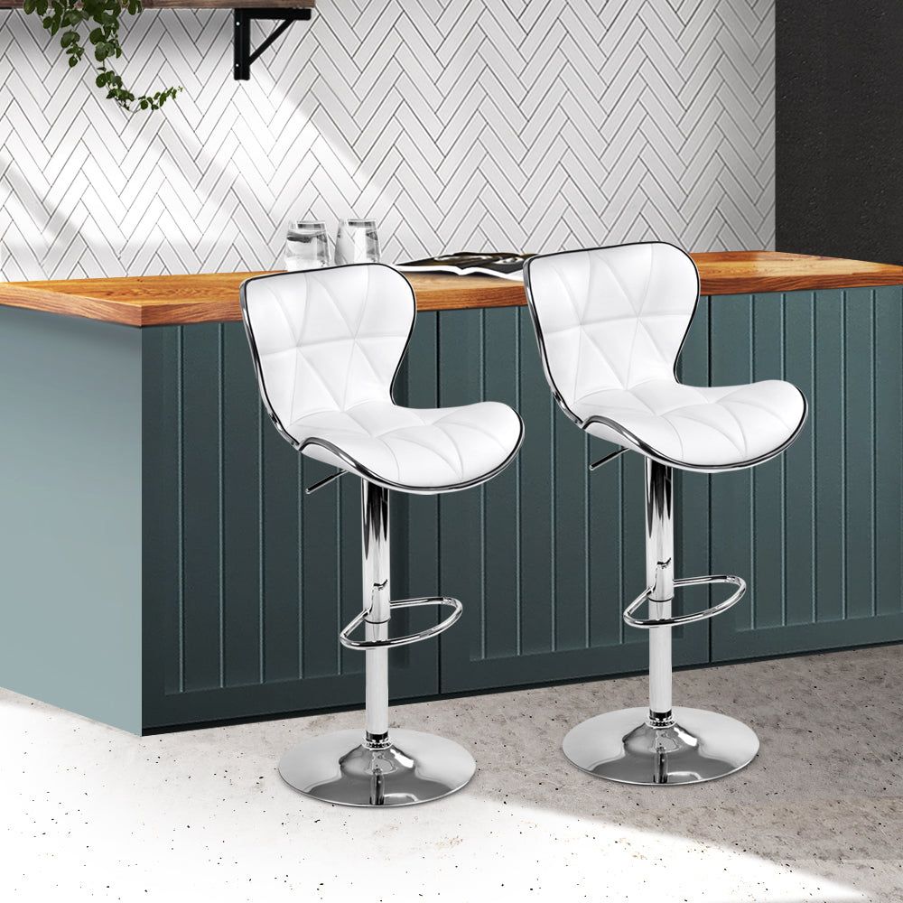2-Pack Adjustable Height Bar Stools with Gas Lift Mechanism & Premium Leather Seat - White - Perfect for Kitchen Islands, Breakfast Bars & Home Bars