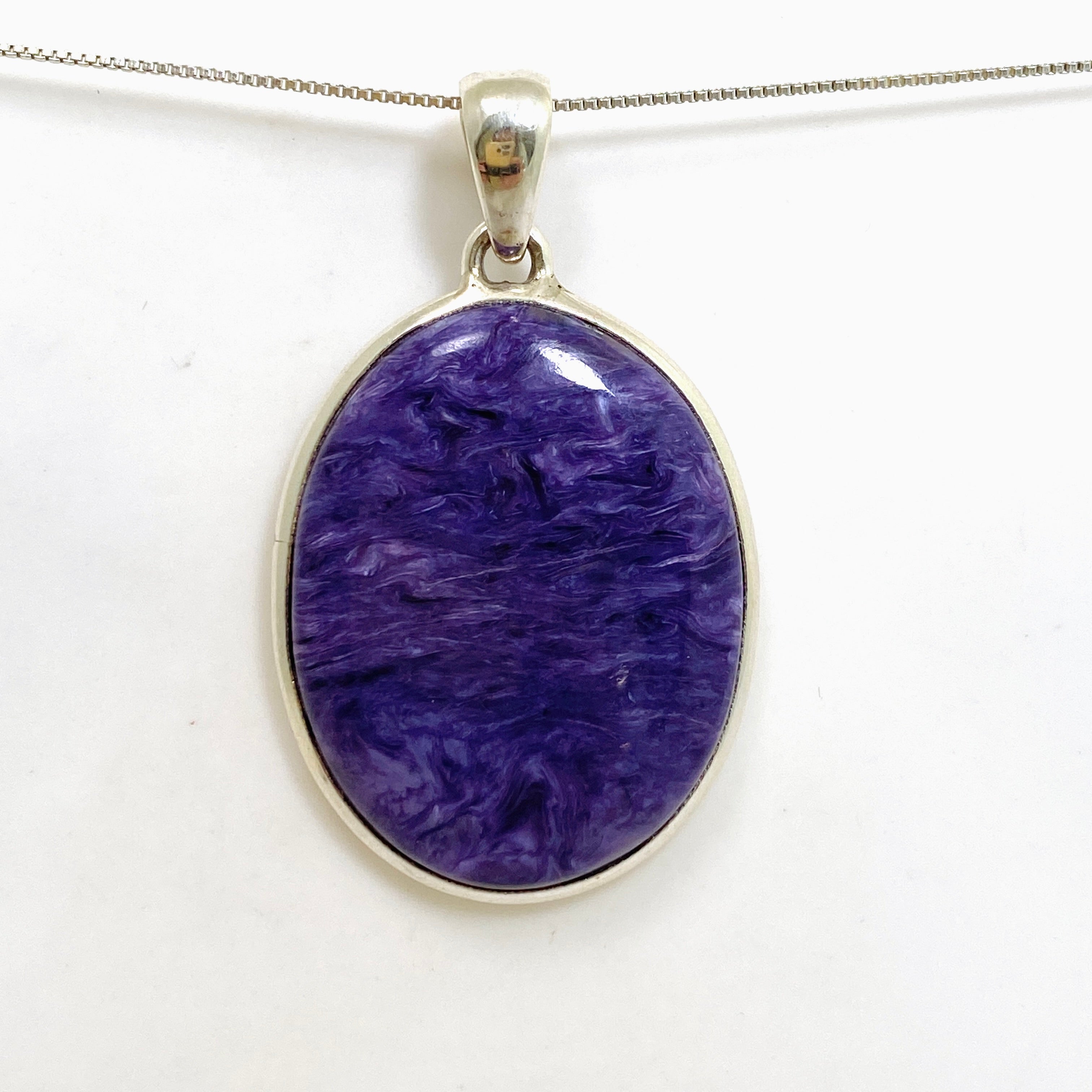 Natural Charoite Oval Cabochon Pendant - 925 Sterling Silver Jewelry PPGJ1045 | Healing Crystal Necklace for Meditation & Energy Work
