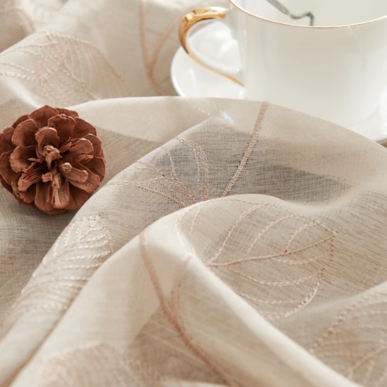 Beige Sheer Kitchen Curtains with Leaf Embroidery - Voile Tiered Window Panels for RV, Camper, Farmhouse, Bathroom & Basement - 36 Inch Rod Pocket, 2 Panels - Perfect for Small Windows, French Doors & Cozy Home Decor