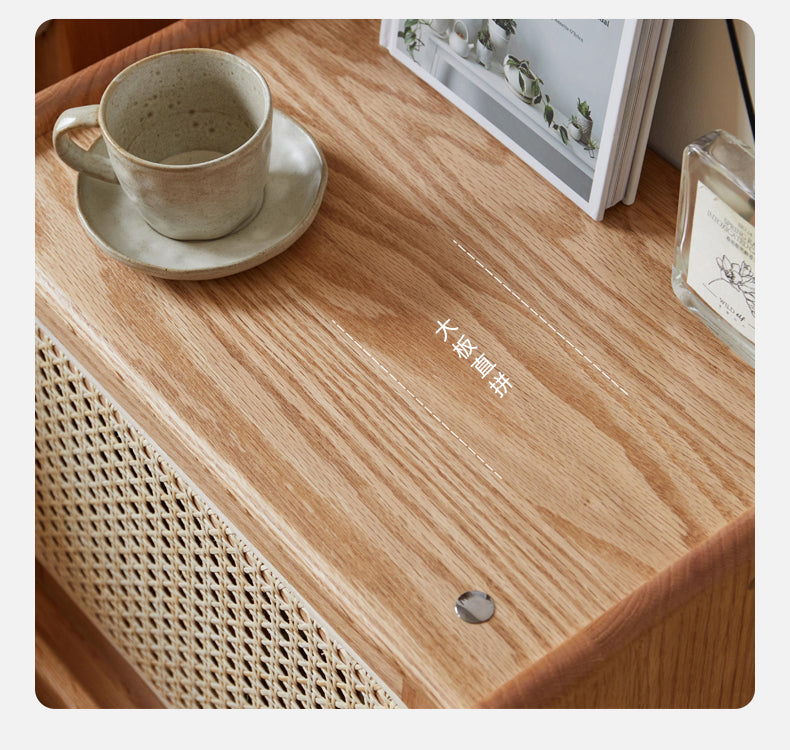 Solid Oak Wood Nightstand with Rattan Accents - Stylish Bedside Table for Bedroom Decor, Living Room, or Guest Room