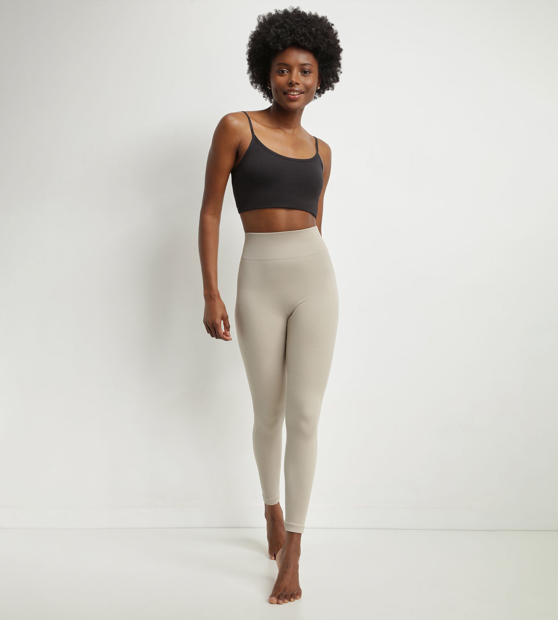 Women's Beige Ribbed Knit Leggings - High Waisted Stretchy Comfortable Yoga Pants for Workout, Lounge & Everyday Wear