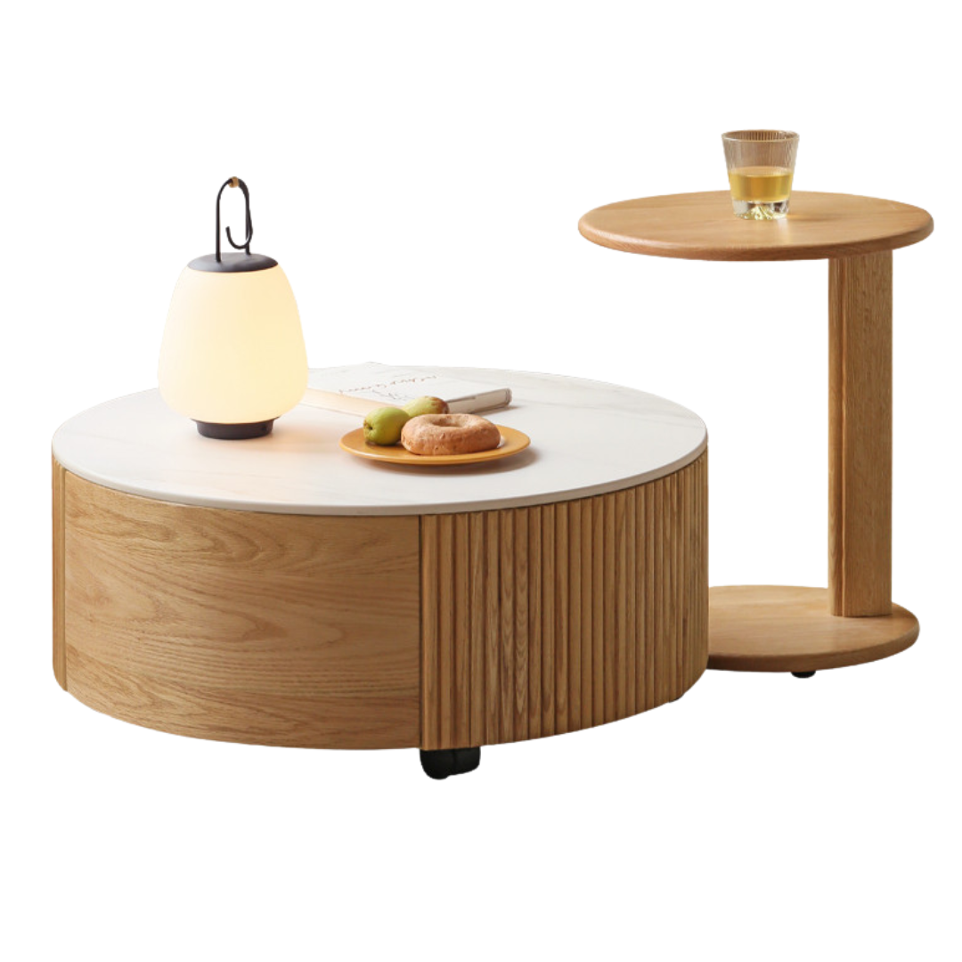 27.5x27.5x12.2 inch/ 70x70x31.7cm + 13.8x15.7x19.3 inch/ 35x40x49.8cm / Natural Wood color/ rock slab main coffee table + solid wood secondary coffee table