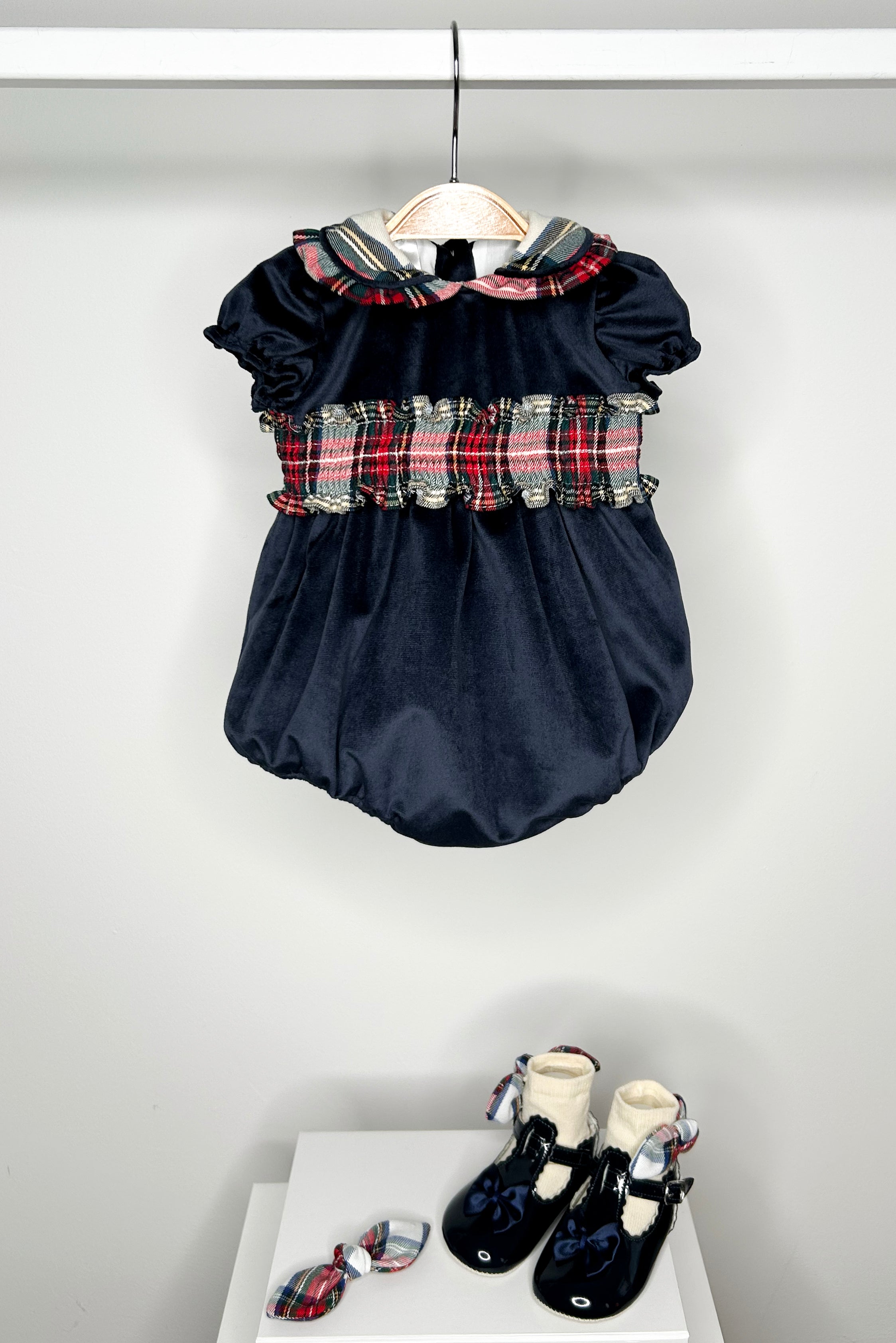 Hermione Navy Velvet Tartan Romper for Women - Stylish Velvet Jumpsuit with Plaid Pattern, Perfect for Christmas Parties, Holiday Outfits & Winter Fashion