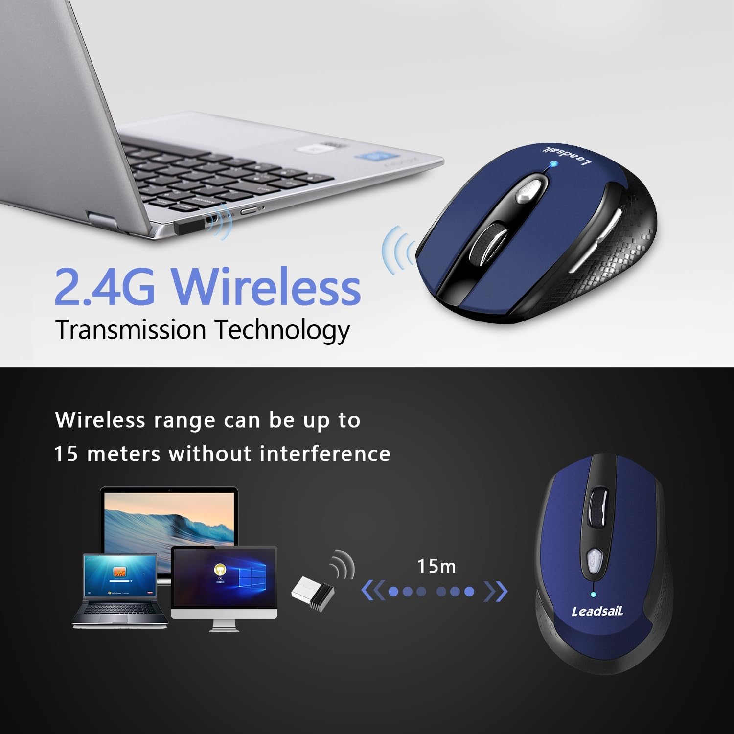 LeadsaiL Wireless Computer Mouse - 2.4G Slim Silent Cordless Mouse with 6 Buttons for Laptop, Desktop, MacBook | Ultra Quiet Optical USB Mouse for Office, Home, Gaming & Travel Use