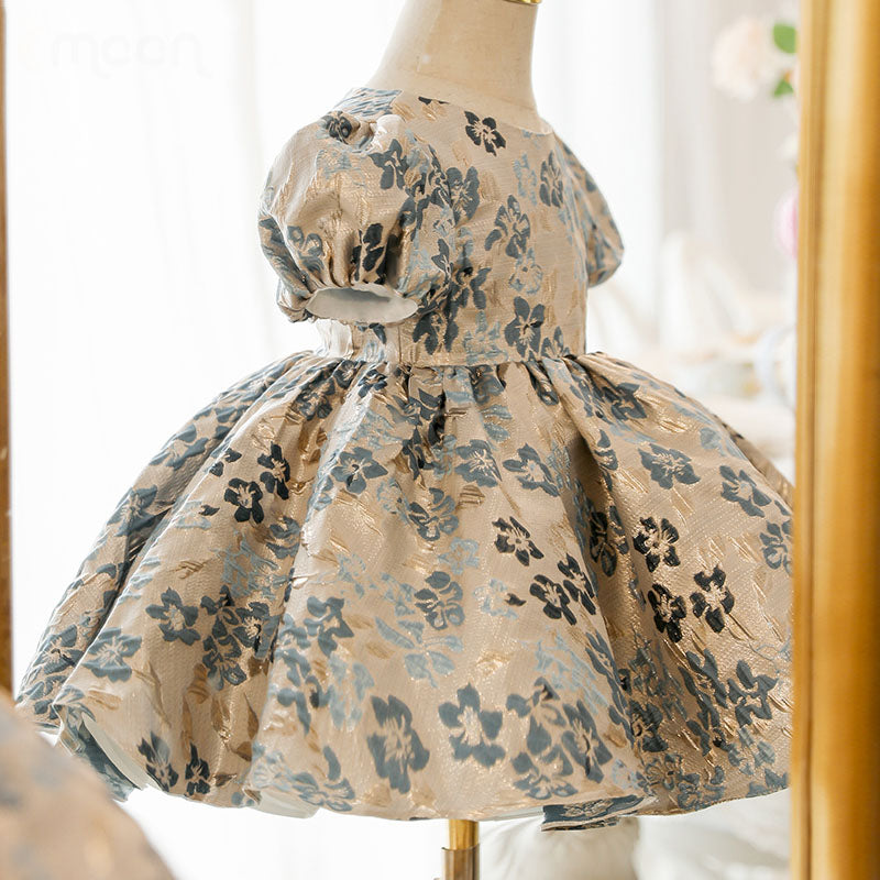 Elegant Dusty Blue Satin Princess Dress with Ruffle Puff Sleeves - Perfect for Birthday Parties, Weddings & Special Occasions