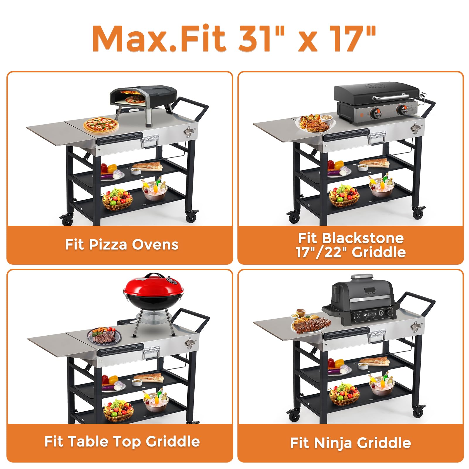 Stainless Steel Portable Outdoor Grill Cart with Wheels - Foldable BBQ Table 41x17 Inch, 2-Tier Storage Rack for Blackstone Griddle 17/22in, Ninja Woodfire Grill & Pizza Oven - Perfect for Backyard, Camping & Tailgating Parties