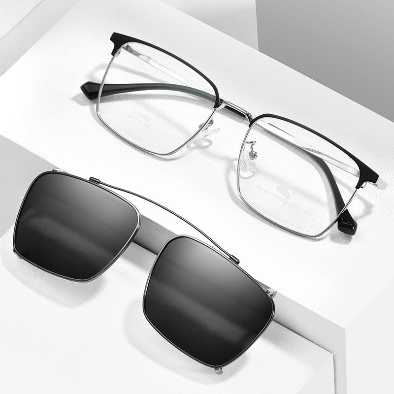 Bclear Men's Full Rim Square Alloy Frame Eyeglasses with Clip-On Polarized Sunglasses ZT95004 - Stylish Reading Glasses & Sun Protection for Driving, Outdoor Activities