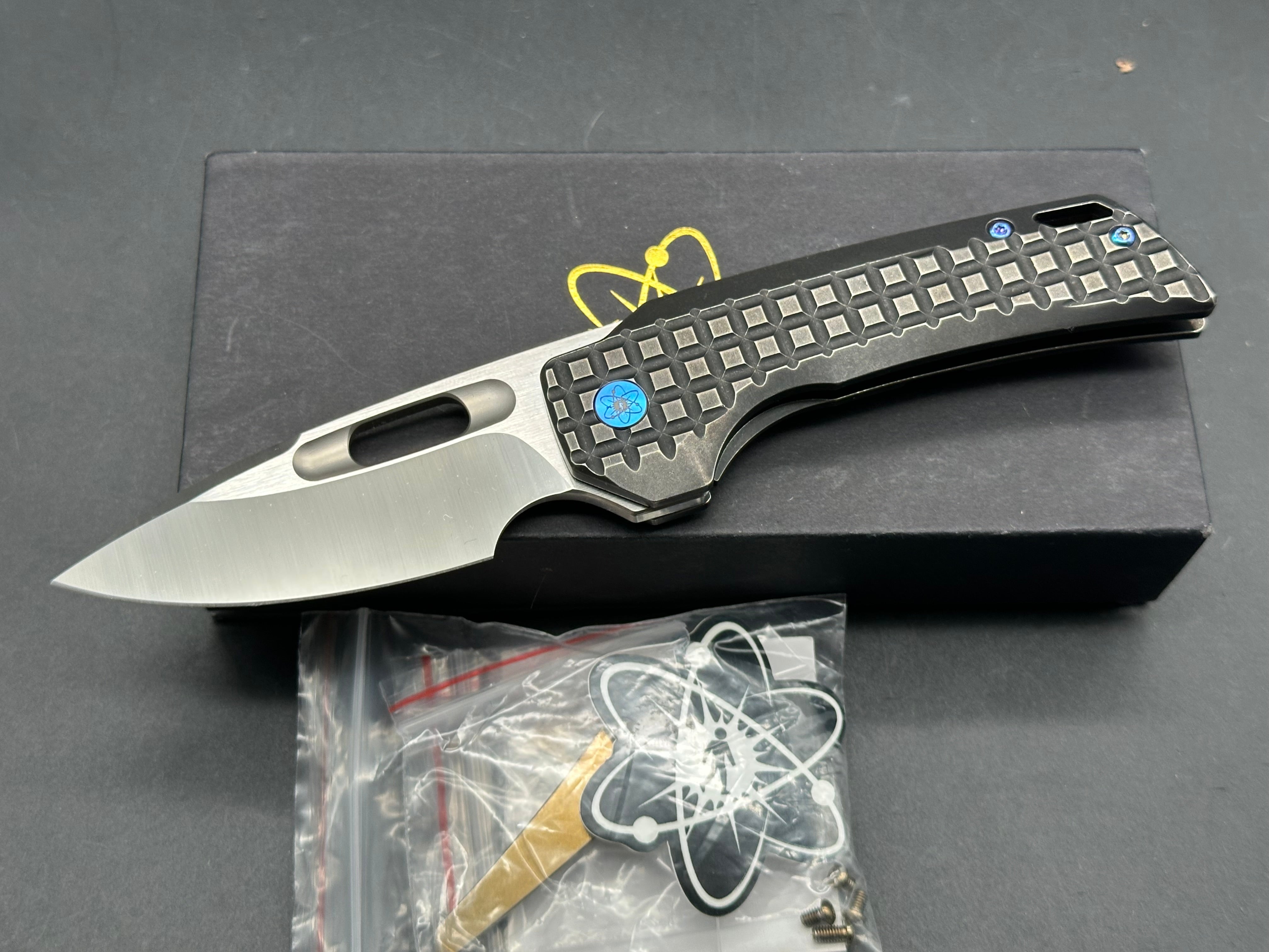 EMP EDC Nymble Folding Knife - Grey Milled Titanium Handle with Blue Hardware & Mokuti Clip | Compact Everyday Carry for Outdoor, Camping, and Tactical Use