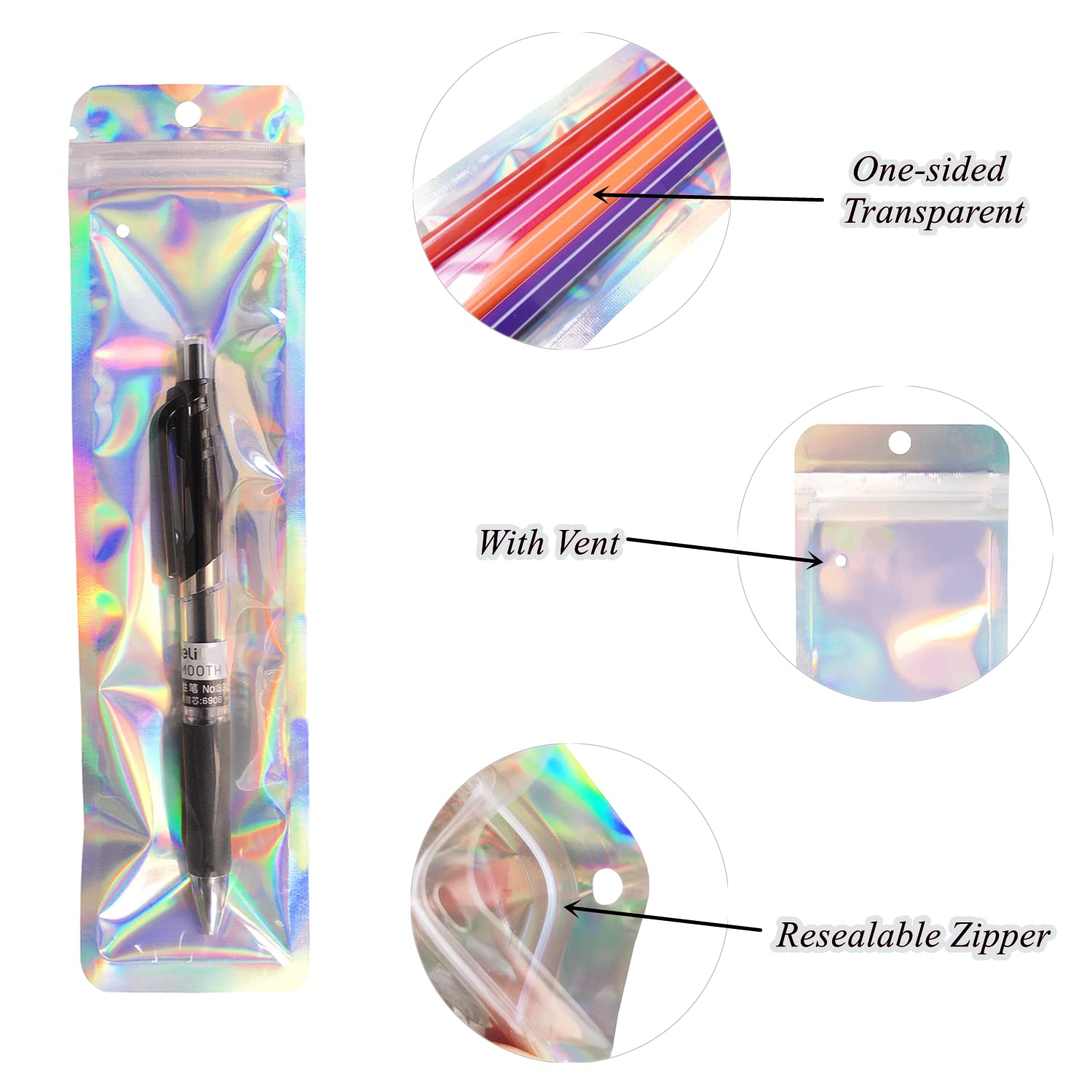 100 Pack 2.4x9 Inch Holographic Pen Packaging Bags - Small Business Gift Bags for Jewelry, Lip Gloss, Pens, Cosmetics & Party Favors - Perfect for Retail, Etsy Sellers & Craft Shows