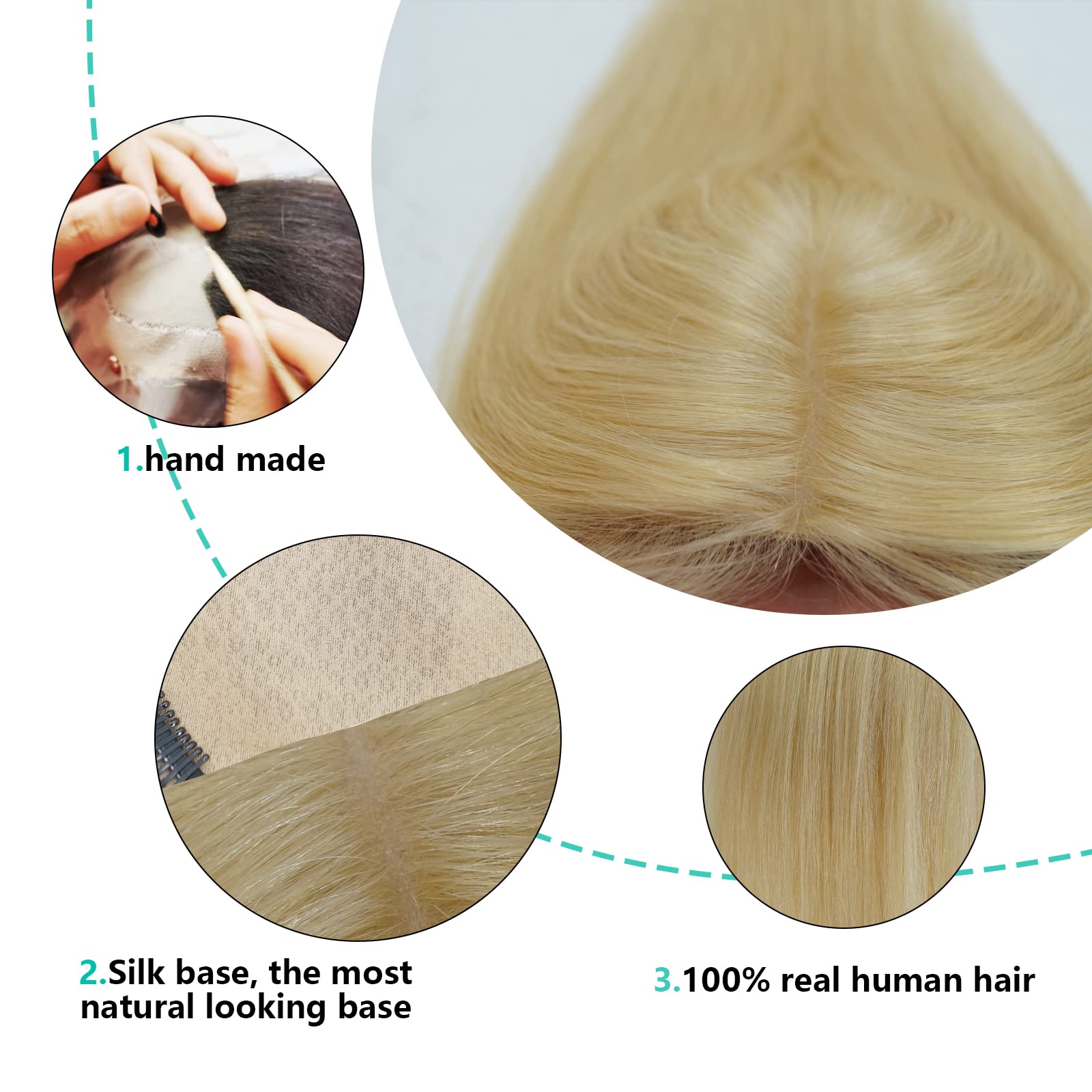 13x15cm Human Hair Silk Base Hair Topper for Women with Thinning Hair & Grey Hair - 4 Clip-In Extensions (#613 Bleach Blonde, 16 Inch) - Perfect for Daily Wear, Parties & Special Occasions