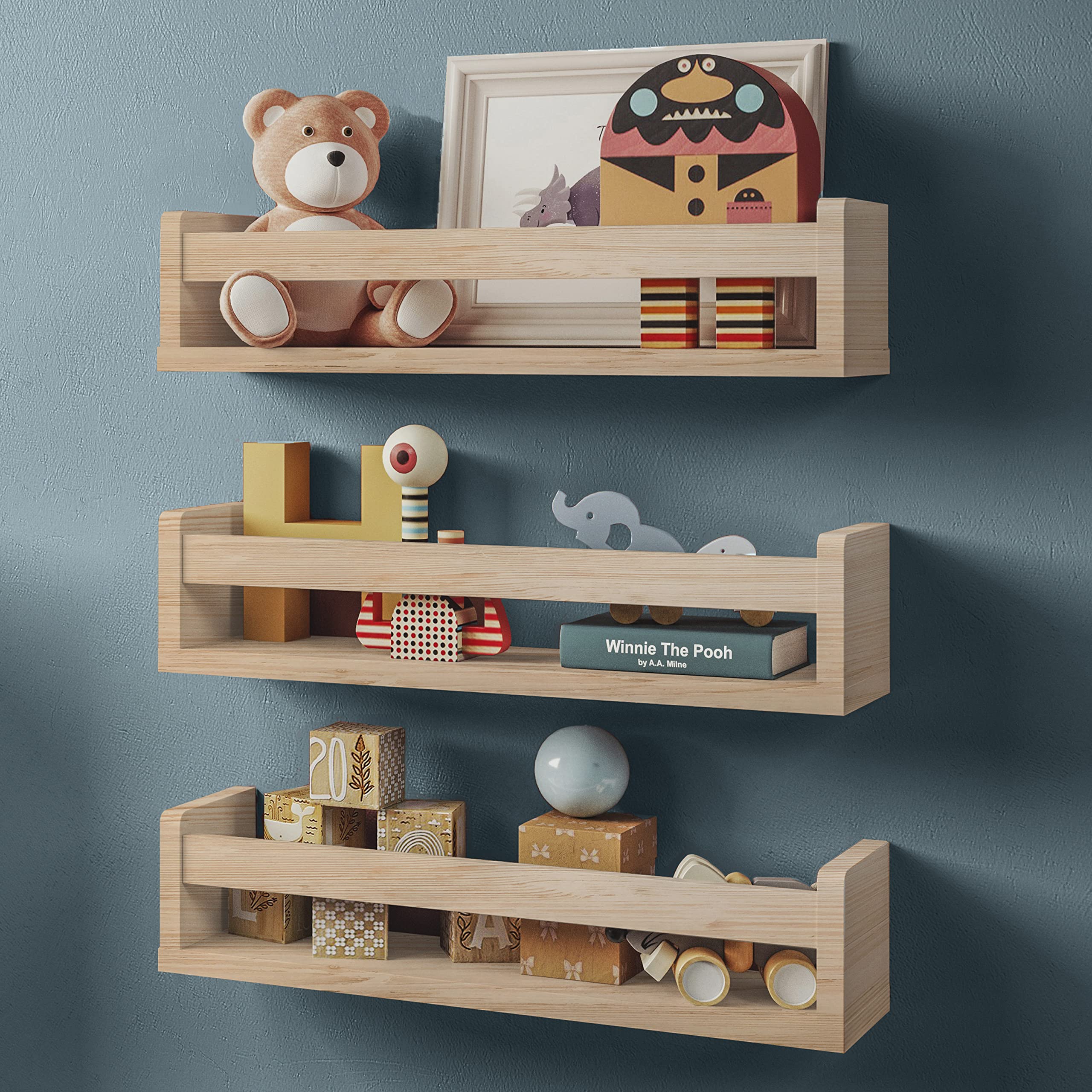 NATURE SUPPLIES Floating Shelves Set of 3 - Minimalist Wooden Wall Shelves for Nursery, Playroom & Baby Room - Kids Book Organizer with Natural Finish - Perfect for Storage, Display & Home Decor