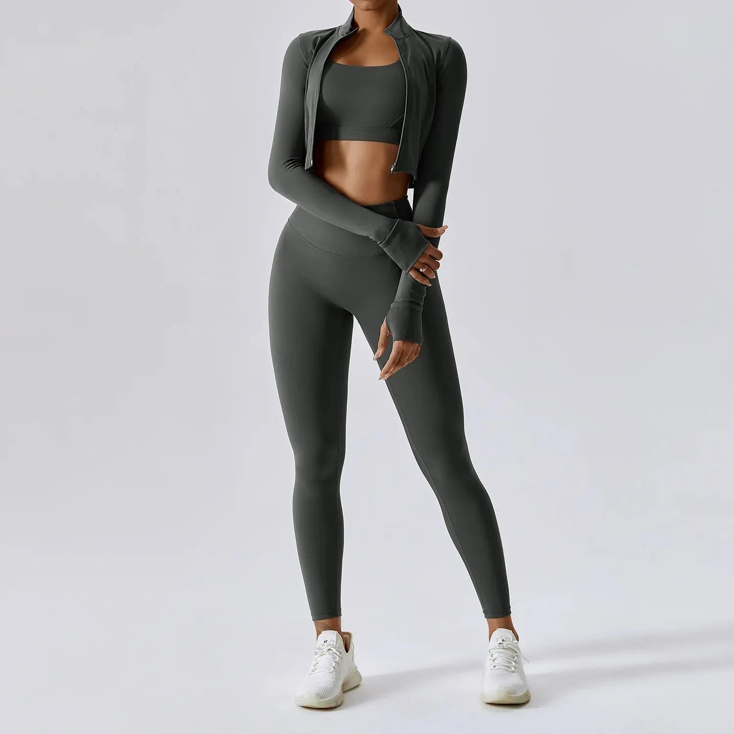 3 Piece Women's Yoga Set - Workout Tracksuit with Sport Bra, High Waist Shorts & Yoga Leggings | Long Sleeve Gym Clothing for Fitness, Pilates & Home Workouts