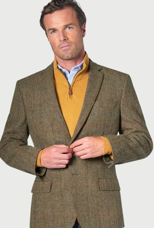 Stylish Harris Tweed Sports Jacket for Men - Olive Herringbone with Orange, Navy & Red Overcheck | Perfect for Outdoor Activities, Casual Wear & Business Casual Outfits