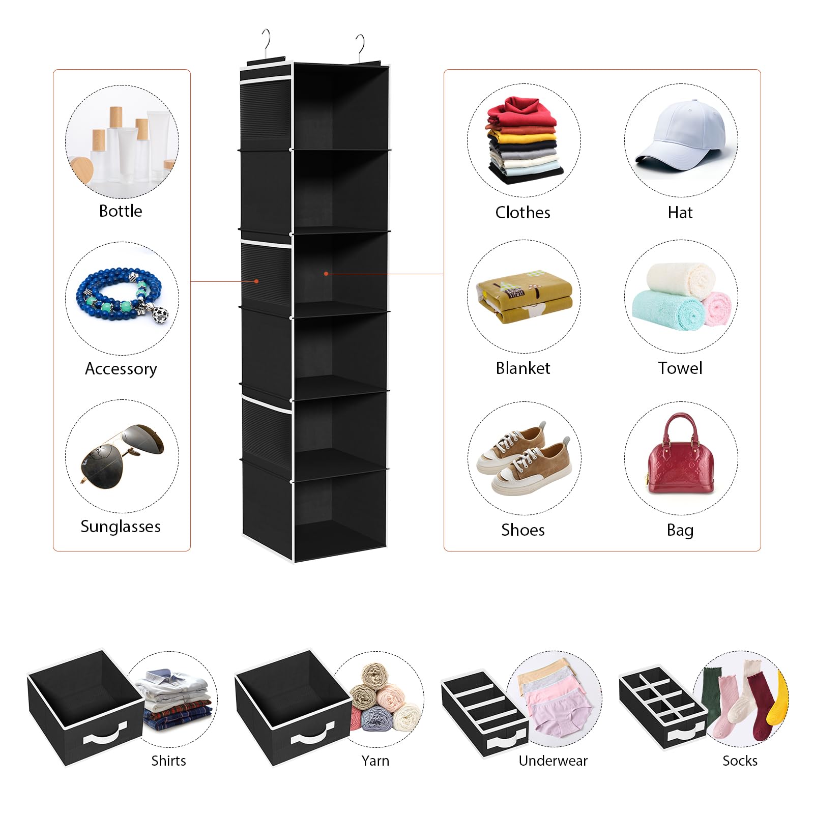 Univivi 6-Shelf Hanging Closet Organizer with 4 Removable Drawers & 6 Side Pockets - Foldable Wardrobe Storage Solution for Clothes, Shoes & Accessories | Perfect for Bedroom, Closet & Dorm Organization