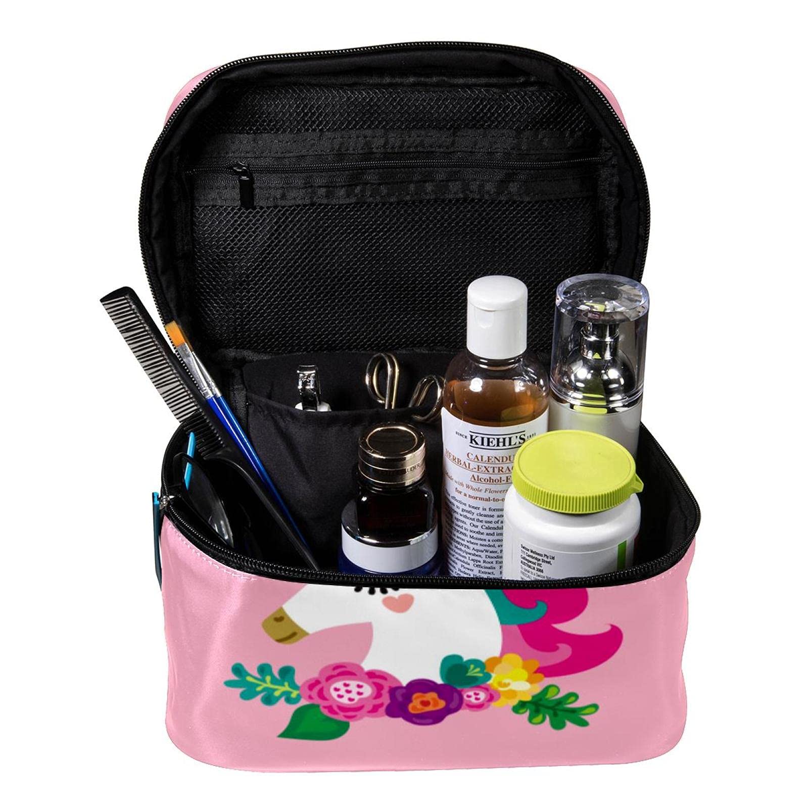 Pink Floral Unicorn Travel Makeup Bag - Large Cosmetic Organizer with Zipper for Women & Girls | Perfect for Vacation, Gym, School & Daily Essentials Storage