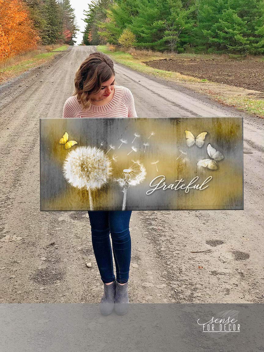 Grateful Dandelions & Butterfly Wall Art - Rustic Bedroom Decor Pictures (42x19 Inch, Yellow) for Home, Living Room & Office Wall Decoration