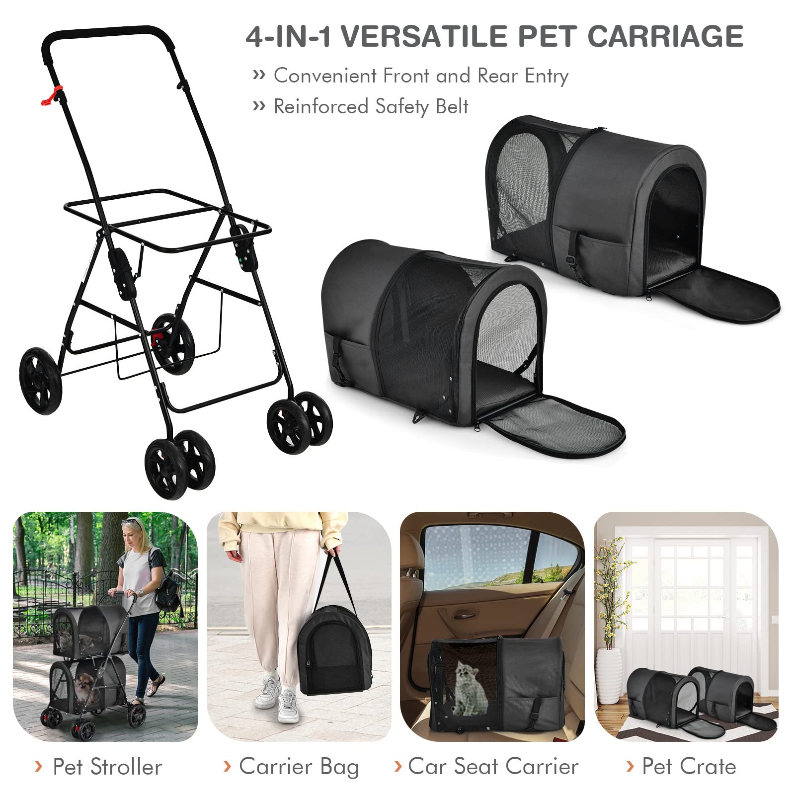 Giantex Double Pet Stroller for Small Medium Dogs & Cats - 2 Detachable Carrier Bags, Safety Belt, 4 Lockable Wheels - Folding Travel Carrier for Puppies & Kittens (Black) | Perfect for Park Walks, Vet Visits & Outdoor Adventures
