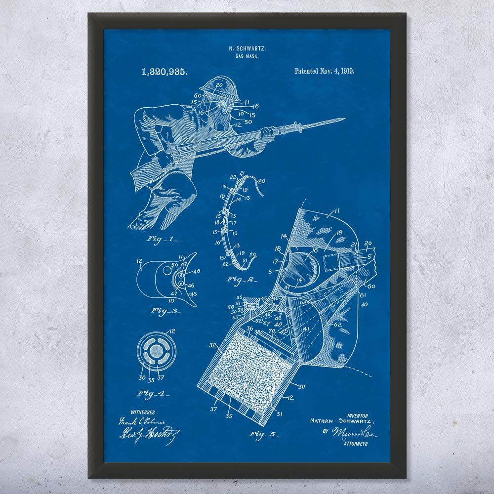 Vintage WW1 Gas Mask Framed Print - Authentic Soldier & Military Gifts, World War Art for Historians, Veterans & Collectors - 12x16 Army Uniform Blueprint Wall Decor for Home Office, Man Cave & Military Memorabilia Displays