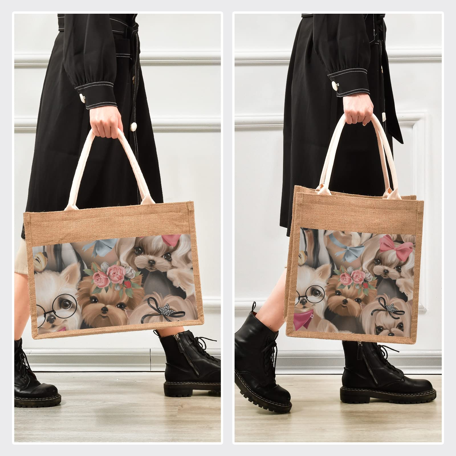Sinestour Cute Dog Puppy Jute Tote Bag - Eco-Friendly Reusable Grocery Bags with Handle, Burlap Gift Bag for Pet Lovers - Perfect for Shopping, Beach Trips & Daily Use