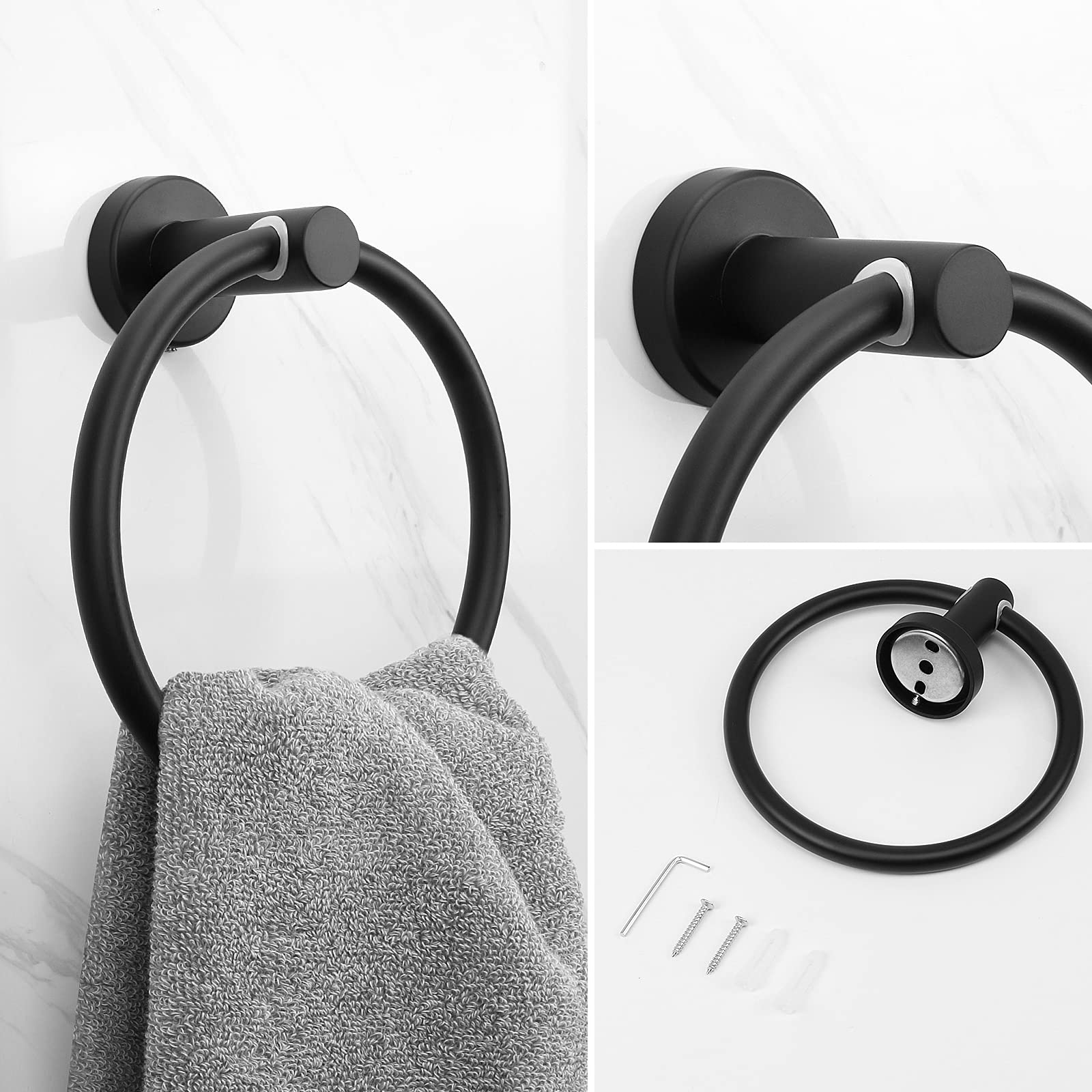 NearMoon 4-Piece Matte Black Stainless Steel Bathroom Hardware Set - Includes Towel Ring, Toilet Paper Holder & 2 Robe Hooks - Wall Mounted Bath Accessories for Modern Home Decor (Perfect for Bathroom, Powder Room & Spa Style Vanity)