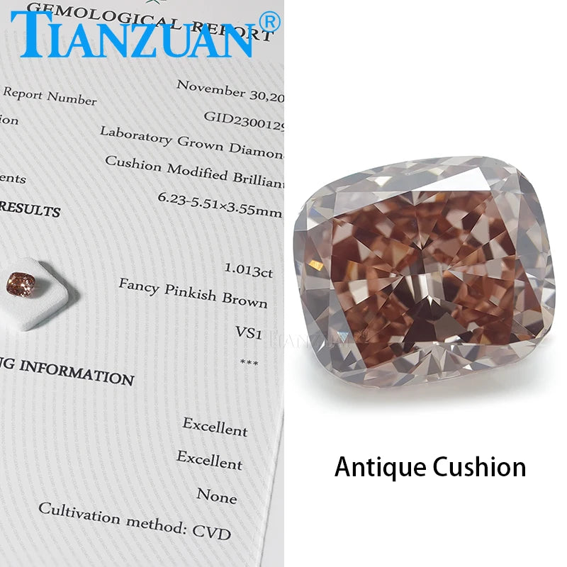 1CT Lab Grown Cushion Cut CVD Diamond - VS1 Clarity, 2EX Cut, Fancy Pinkish Brown Color, GEMID Certified Loose Gemstone for Engagement Rings & Jewelry Making
