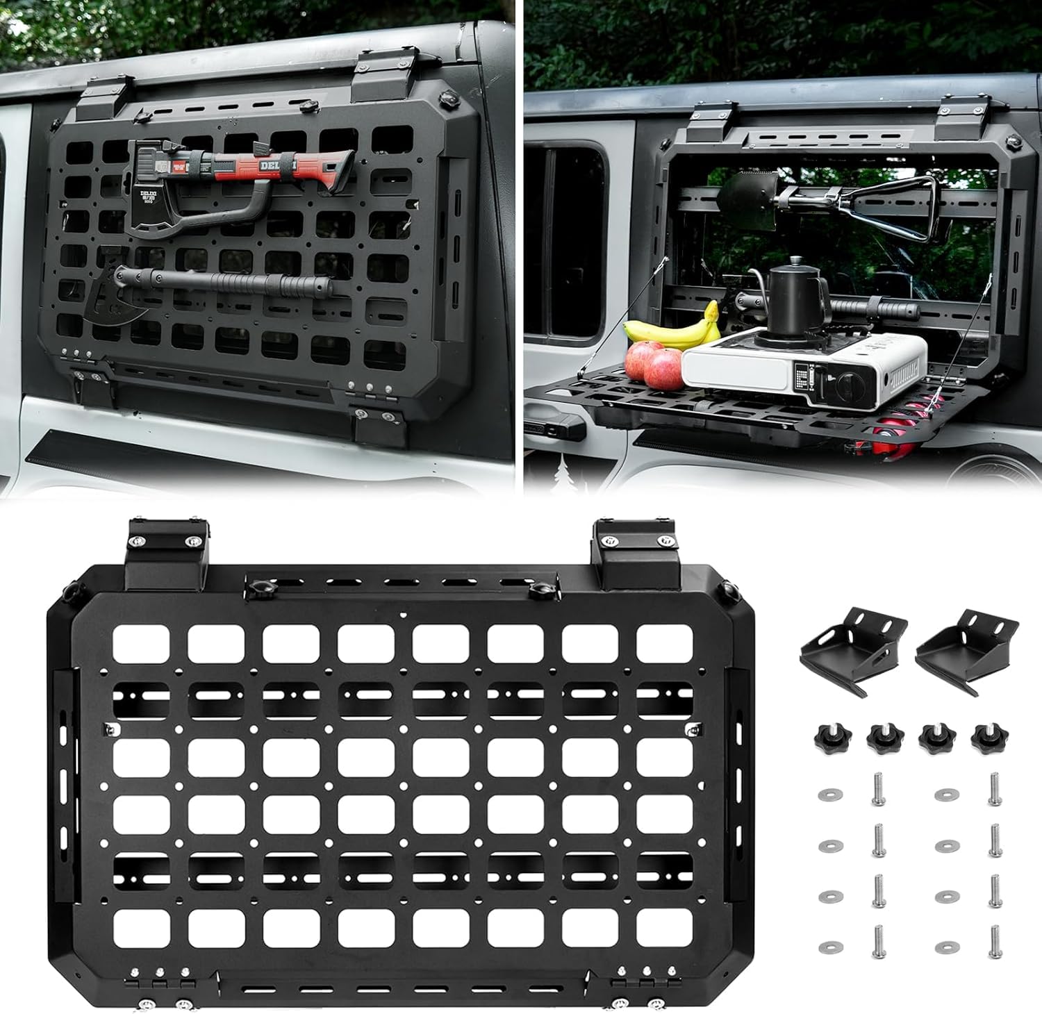2018-2024 Jeep Wrangler JL/JLU Rear Window Storage Panel Kit - Multifunctional Openable Tactical Modular Platform with MOLLE System for Tools & Accessories (Left/Right Side Installation) - Perfect for Off-Road Adventures & Camping Gear Organization