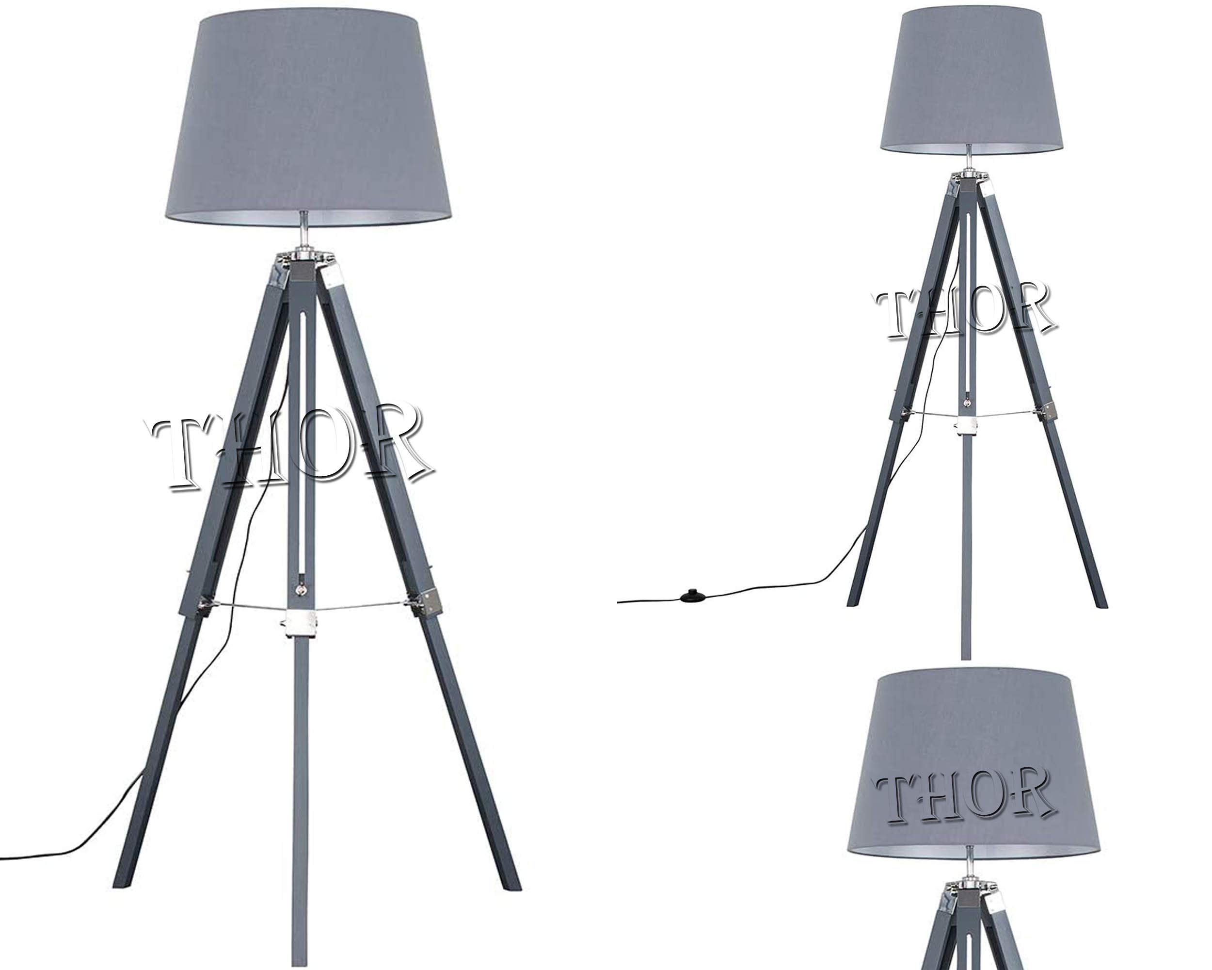 THOR INSTRUMENTS Nautical Grey Wooden Tripod Floor Lamp - Vintage Designer Standing Light for Living Room, Bedroom & Office Decor - Rustic Industrial Home Lighting Gift Idea for Housewarming & Christmas