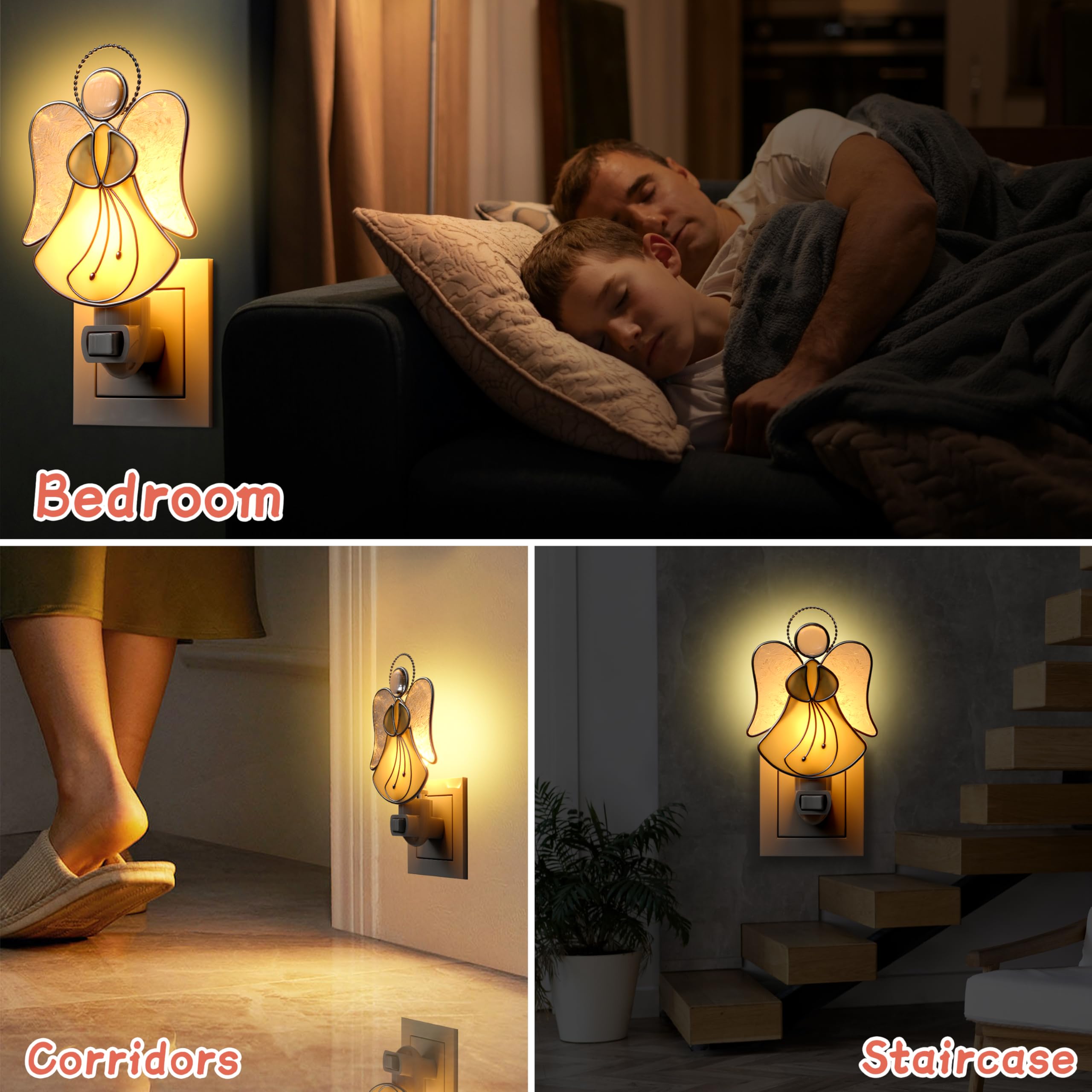 Angel Night Light Plug in Wall - Stained Glass Decorative Nightlight for Bedroom, Hallway, Kitchen - Perfect Gift for Mom on Mother's Day, Birthday, Christmas & Valentine's Day - Creates Soothing Ambiance for Nighttime Relaxation and Safe Navigation