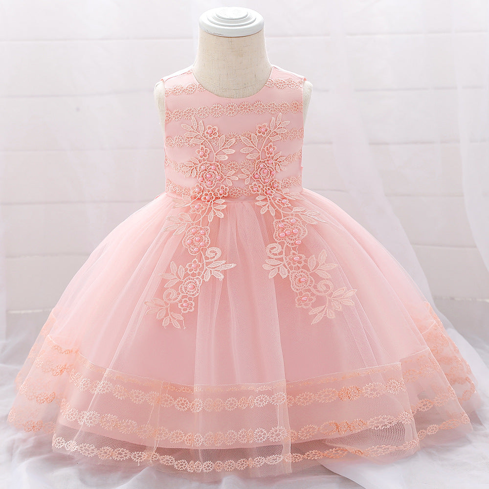 Elegant Sleeveless Lace Flower Girl Dress with Floral Tulle Skirt - Perfect for Weddings, Baptisms & Special Occasions