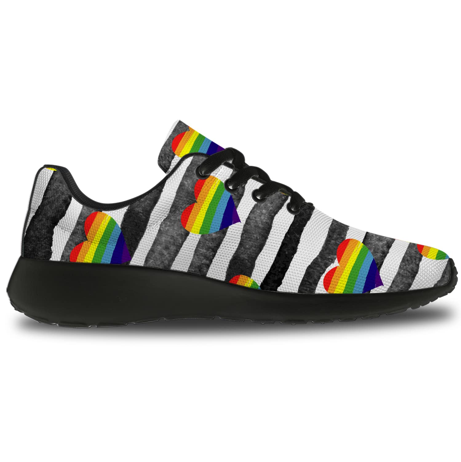 Rainbow LGBTQ Pride Running Shoes for Women & Men - Comfortable Walking Tennis Sneakers with Hearts & Stripes - Size 4 Men/6 Women in Black - Perfect for Pride Parades, Workouts & Casual Wear