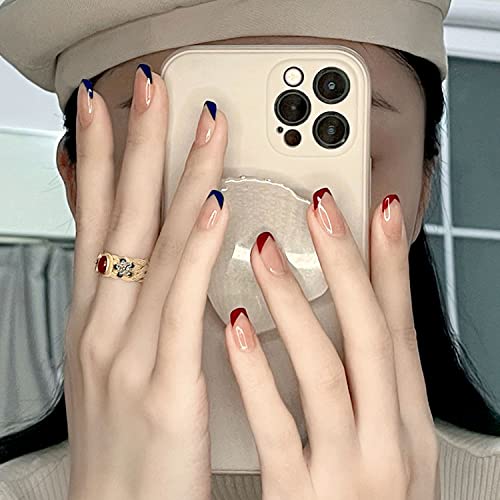 French Press On Nails Short - Blue & Red French Tip Fake Nails for Women | 24pcs Full Cover False Nails with Stickers | Perfect for Parties, Weddings & Daily Wear