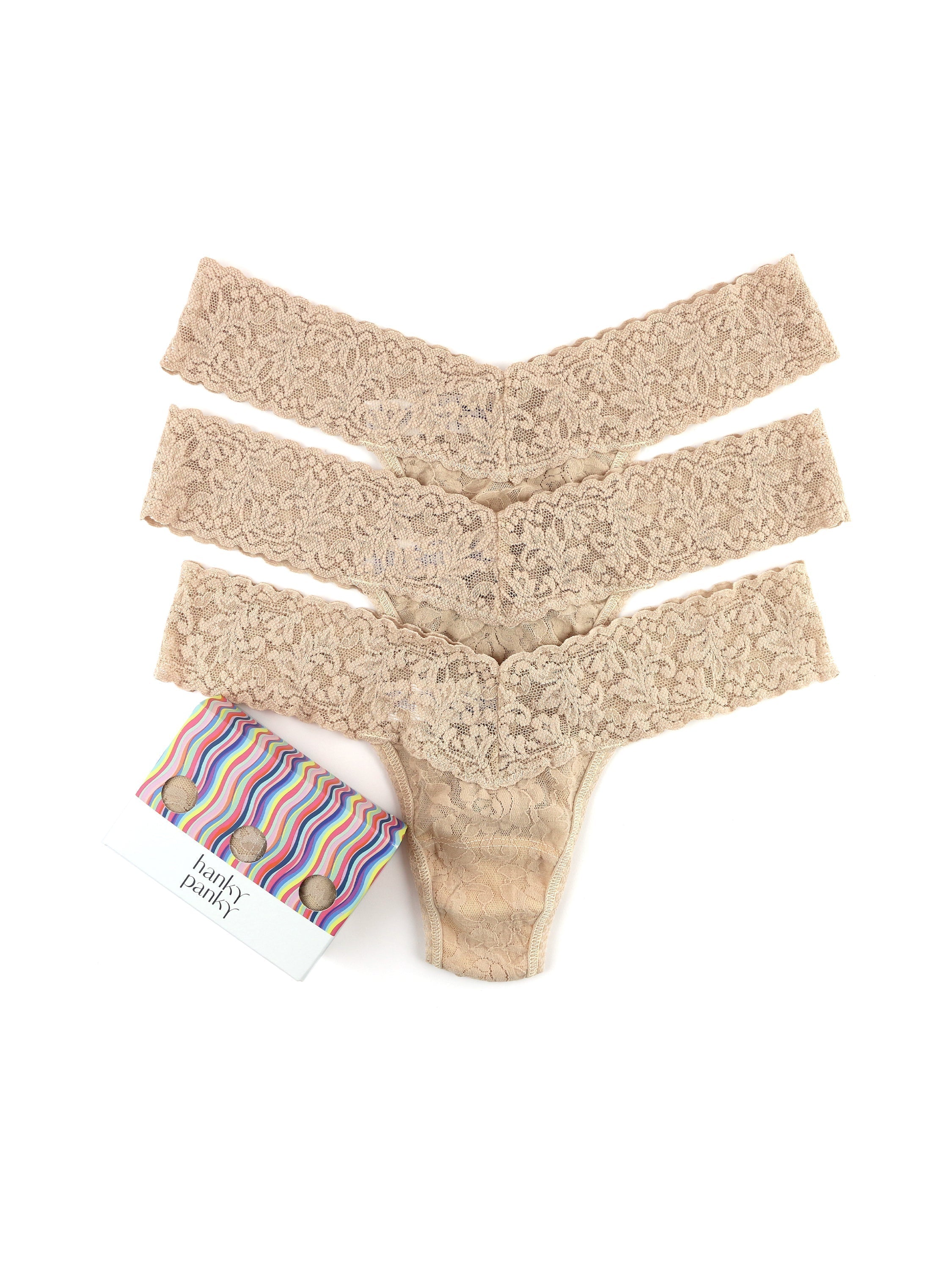 Hanky Panky 3-Pack Low Rise Thongs for Women - Soft Stretch Lace Underwear - Comfortable Everyday Wear & Special Occasions
