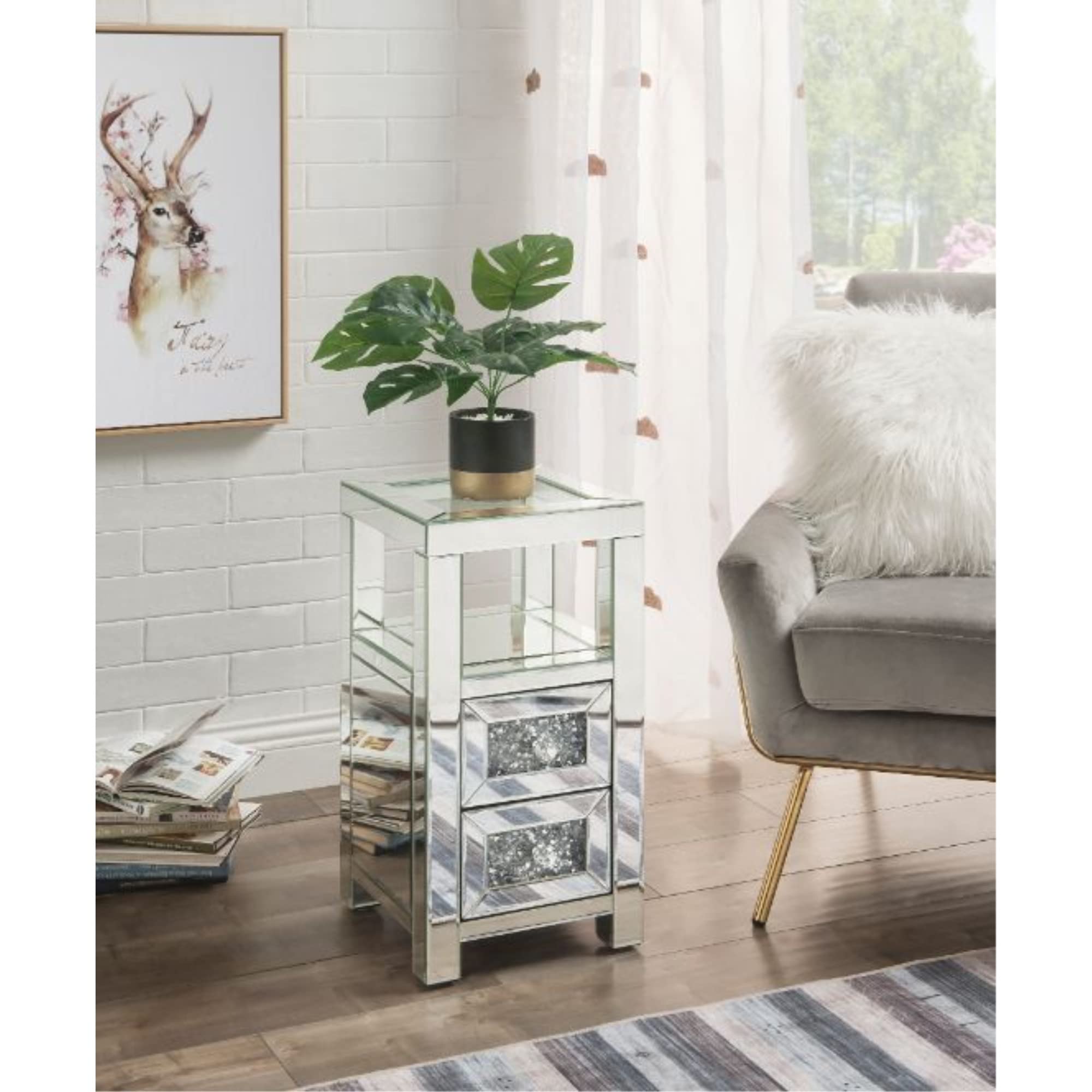 Noralie Clear Glass Accent Table with Mirrored Finish & Faux Diamond Decor - Perfect for Living Room, Bedroom, or Entryway Decor