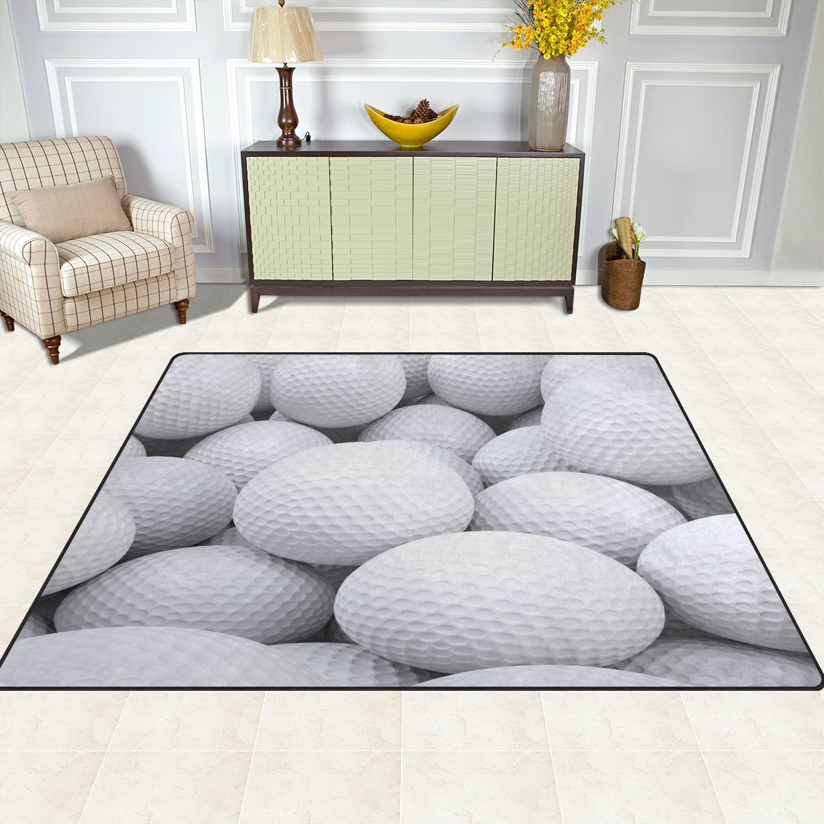Premium White Golf Ball Design Area Rug - 7'x5' Soft Non-Slip Indoor Carpet for Living Room, Bedroom, Office - Perfect for Sports Themed Decor & Home Gym Flooring
