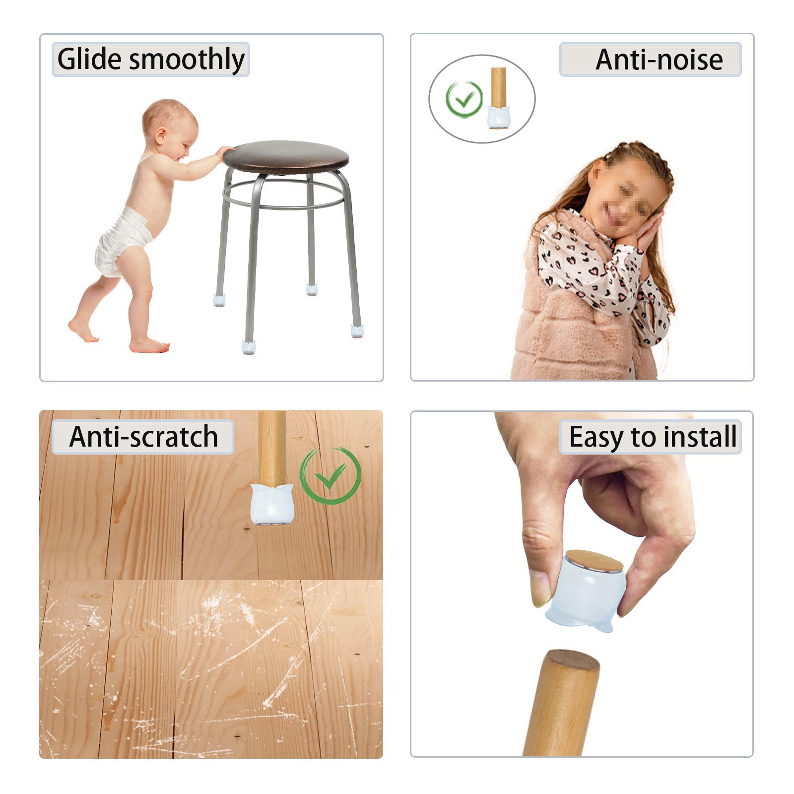 8-Piece Clear PVC Chair Leg Caps with Felt Pads - 52-57mm (2.05