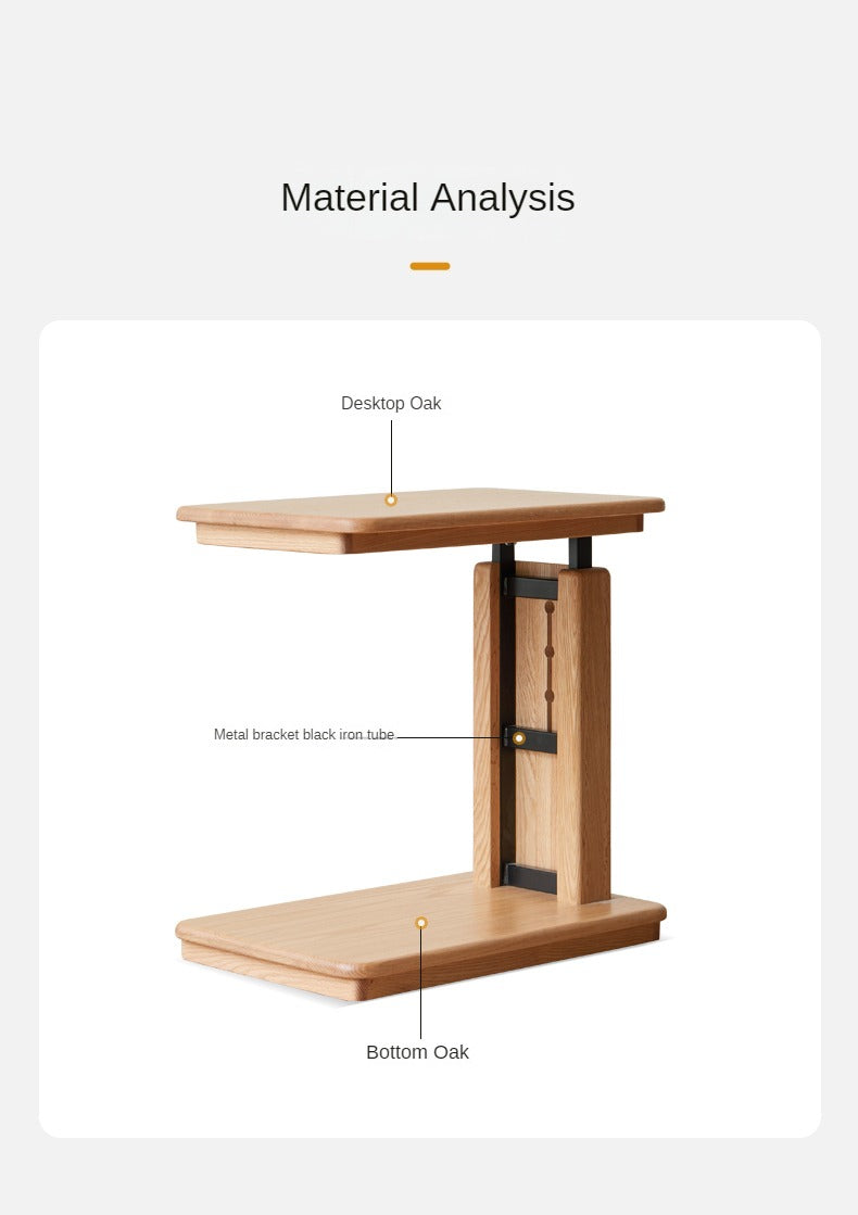 Solid Oak Wood Liftable Foldable Side Table - Adjustable Height for Living Room, Bedroom, or Office Use
