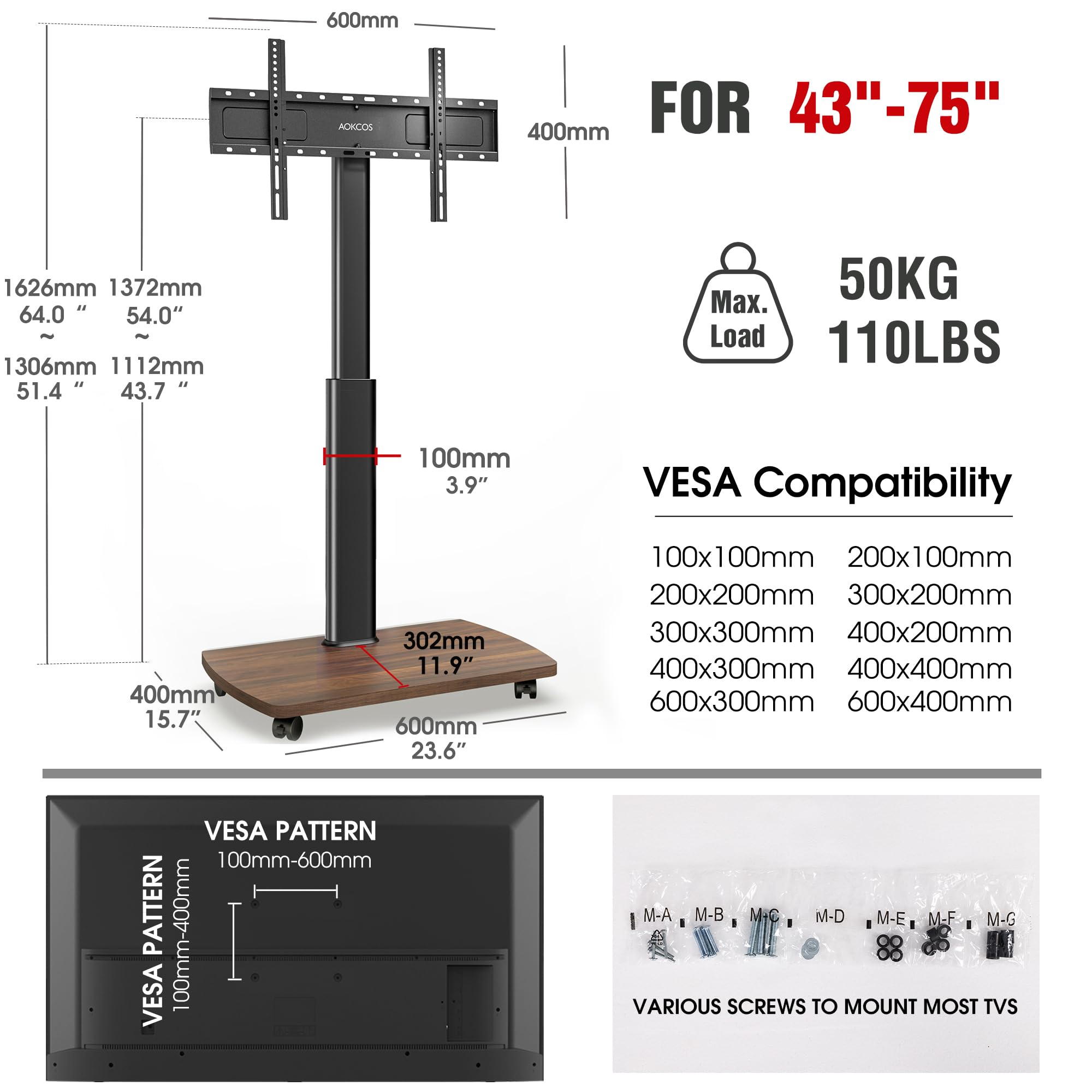Portable Rolling TV Stand with Wheels for 43-75 Inch TVs - 10-Level Height Adjustable, 12° Tilt & 50° Swivel - Heavy Duty Mobile TV Floor Stand with Casters (Holds 110 lbs) - Walnut Finish - Perfect for Living Rooms, Bedrooms, and Outdoor Entertainment Spaces