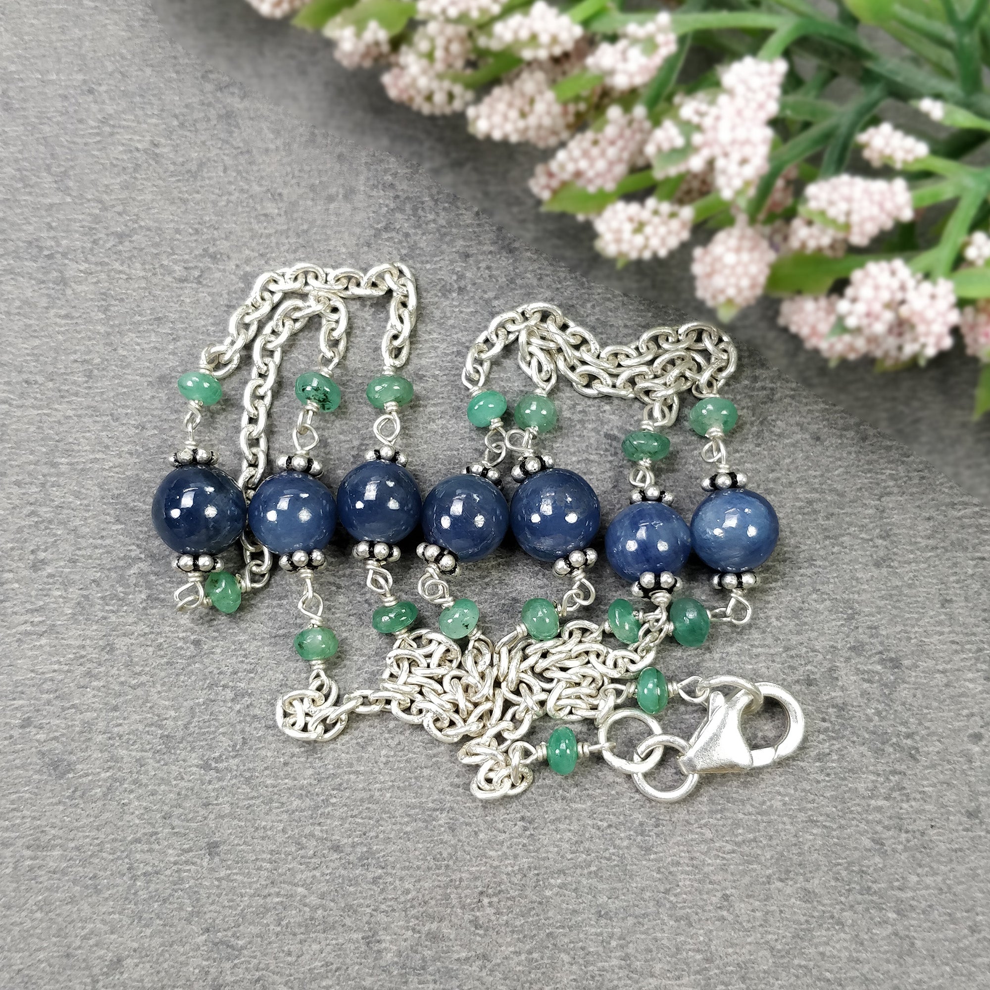 Natural Blue Sapphire & Emerald Beads Necklace - 925 Sterling Silver Chain Jewelry for Women | Elegant Gift for Her, Birthday, Anniversary & Special Occasions | Perfect for Weddings, Parties & Everyday Wear