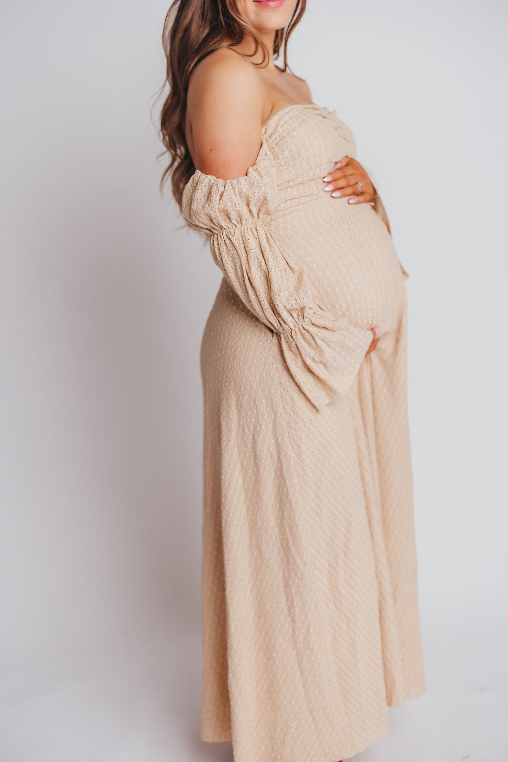 Corrine Tiered Sleeve Maxi Dress with Pockets - Bump Friendly Maternity Dress in Beige | Perfect for Pregnancy, Nursing, and Special Occasions