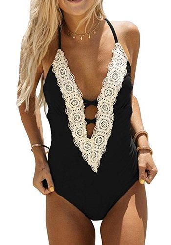Sherosa Women's Sexy Deep V Neck Halter One Piece Swimsuit - High Cut Floral Lace Monokini Bathing Suit for Beach, Pool Party & Summer Vacation