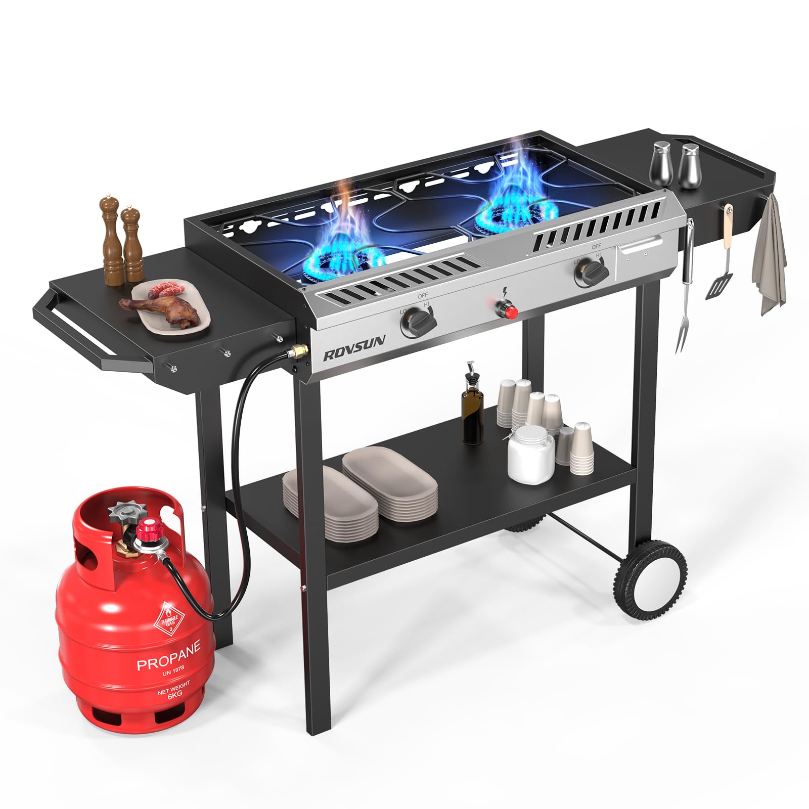 ROVSUN 2 Burner Outdoor Propane Gas Stove with Auto-Ignition - 150,000 BTU High-Power Camping & Backyard Cooking Stove with Regulator & Side Shelves - Perfect for Grilling, Home Brewing, Canning & Turkey Frying - Ideal for Patio, Picnic, Tailgating & Outdoor Adventures