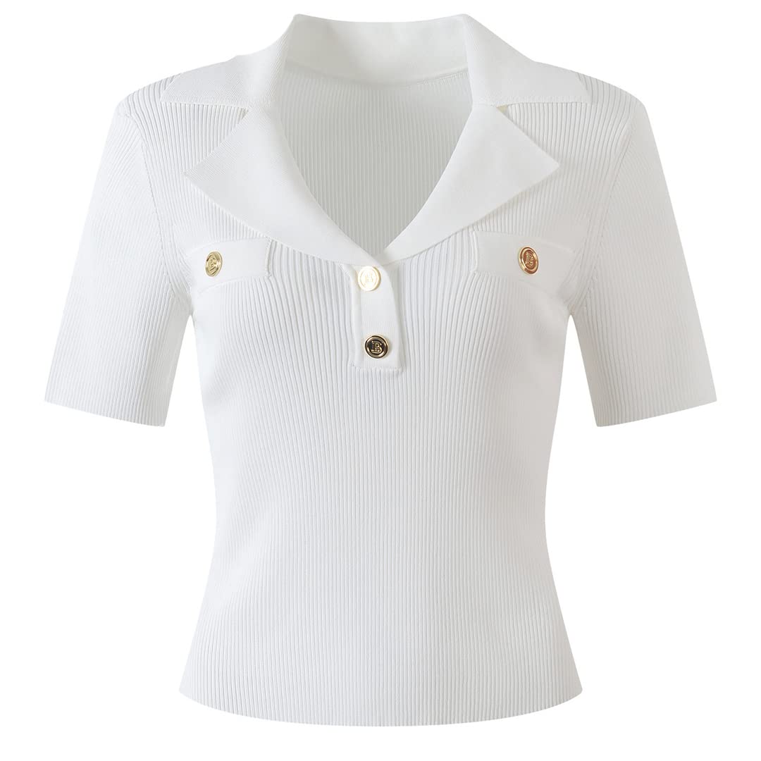 Women's Green Knitted Short Sleeve Sweater with Gold Buttons | Summer Casual Pullover Top | Perfect for Beach Outings, Weekend Brunch & Spring Layering